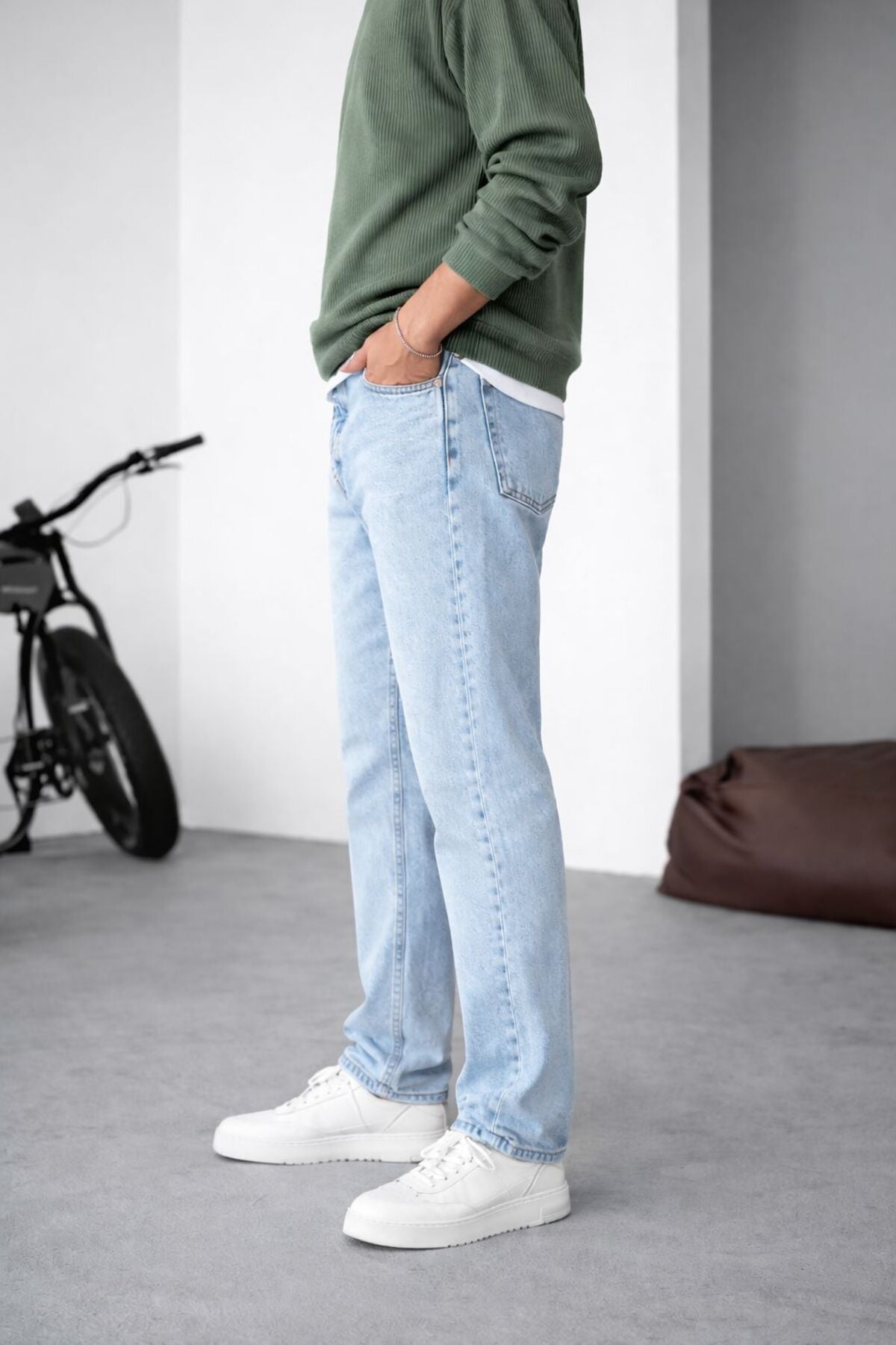 Erkek Buz Mavi Relaxed Fit Bol Paça Kot Pantolon