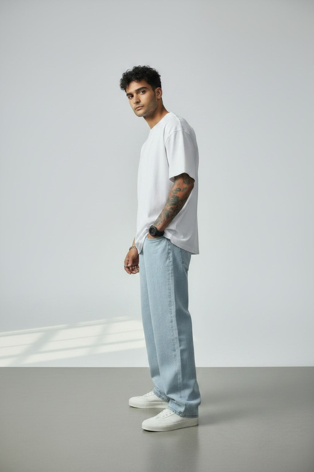 Erkek Açık Buz Regular Bol Kalıp Fit Denim Pantolon Rahat Kesim Günlük Şık Basic Düz Paça