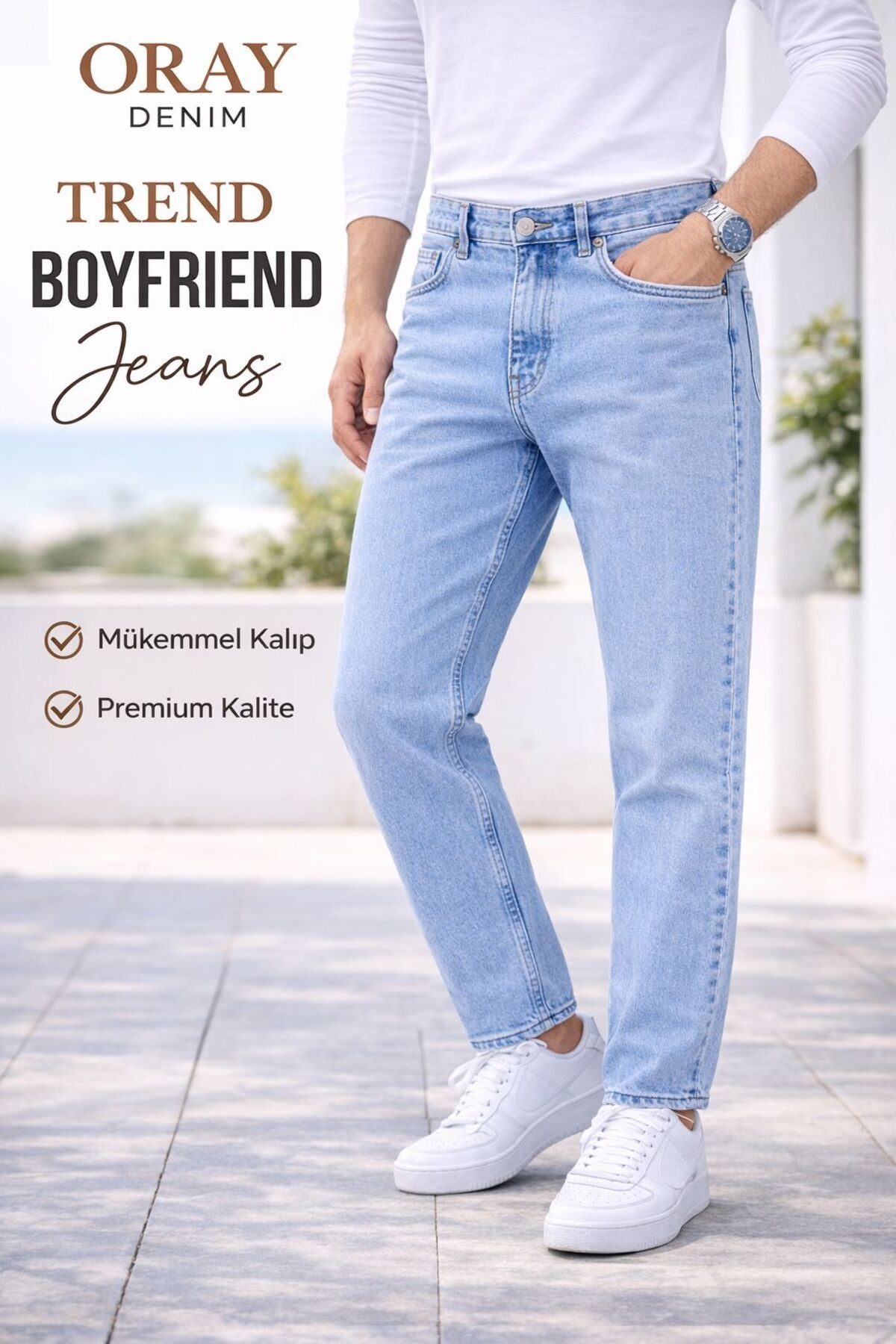 Erkek Açık Mavi Boyfriend Pantolon Rahat Kalıp