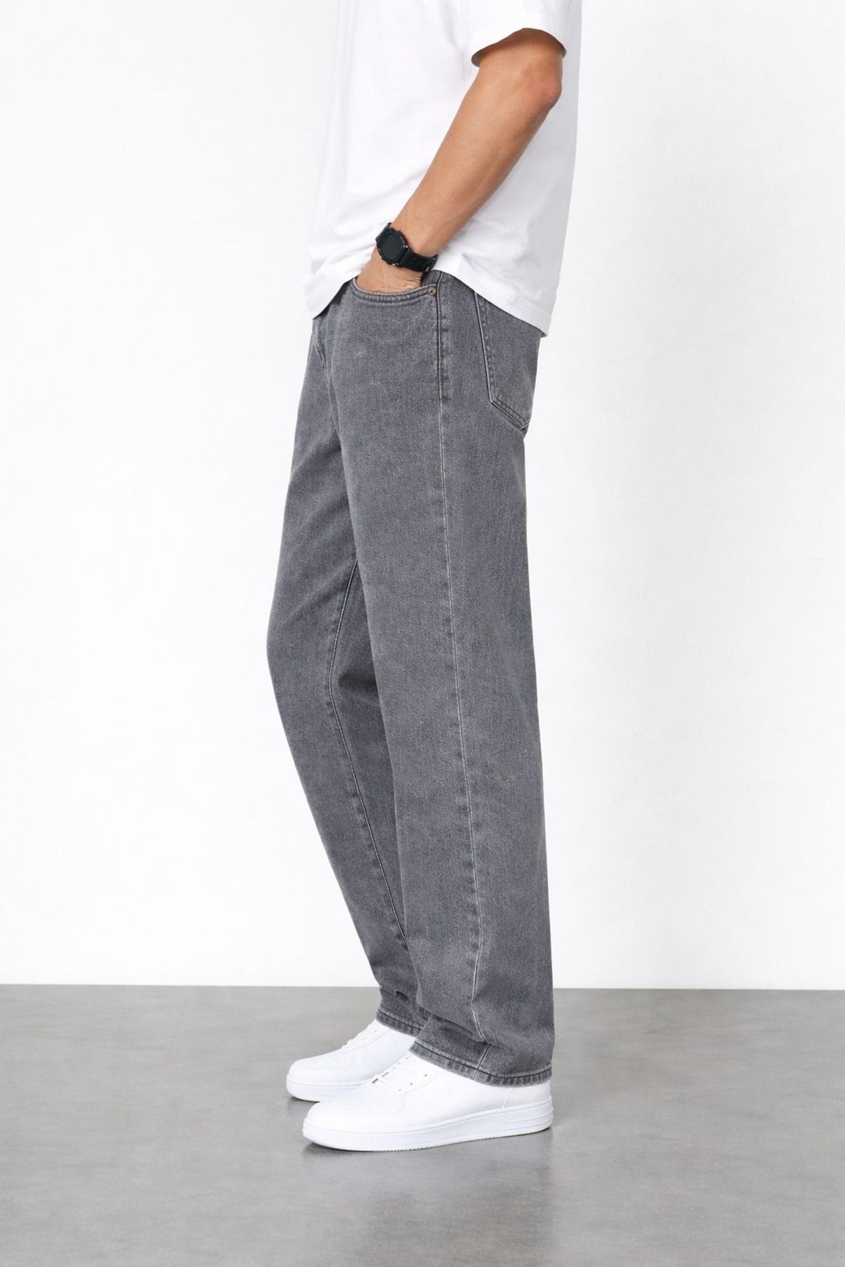 Erkek Gri Yıkamalı Baggy Jean Pantolon Rahat Kesim Günlük Şık Oversize Denim