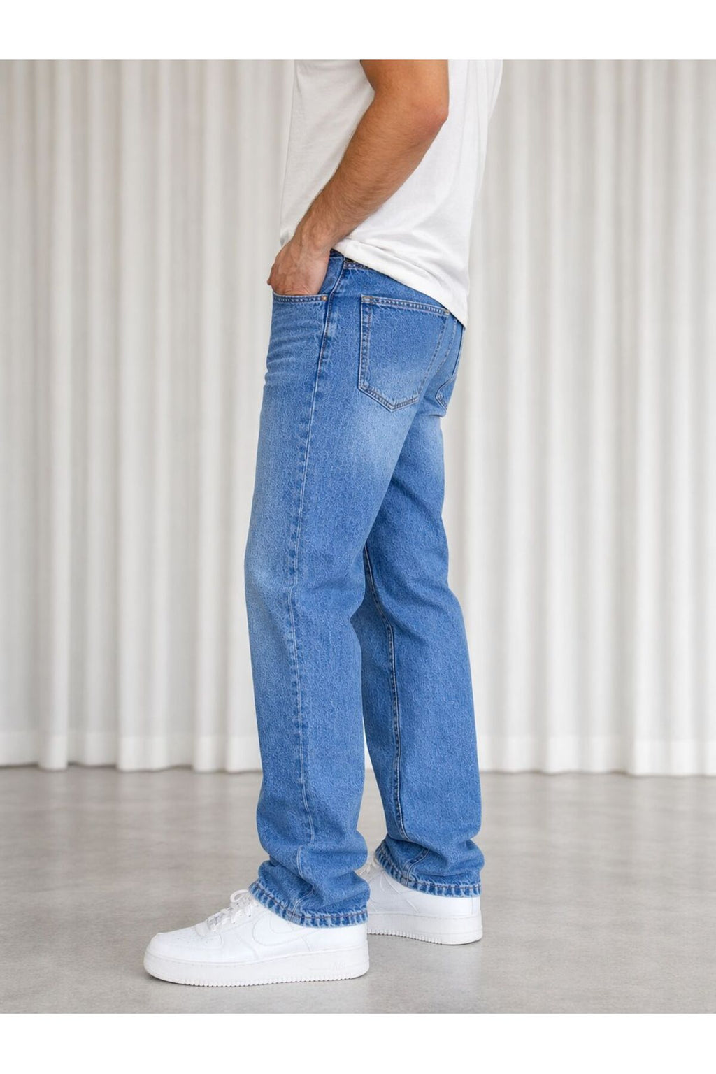 Erkek Mavi Taşlamalı Rahat Kalıp Geniş Paça Pantolon Modern Kesim Günlük Şık Basic Denim Pantolon