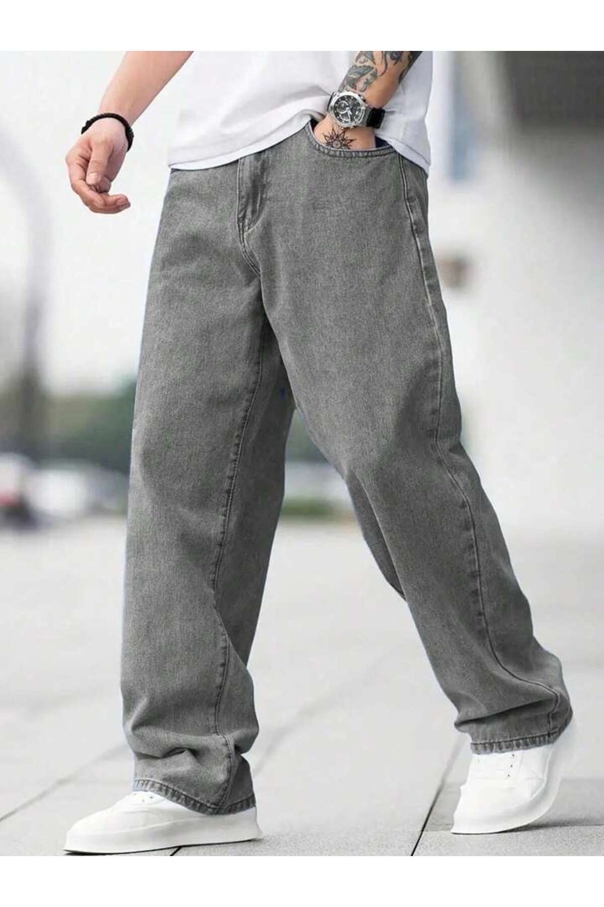 Erkek Baggy Fit Wide Leg Jean Pantolon Normal Bel Oversize Bol Kalıp Denim