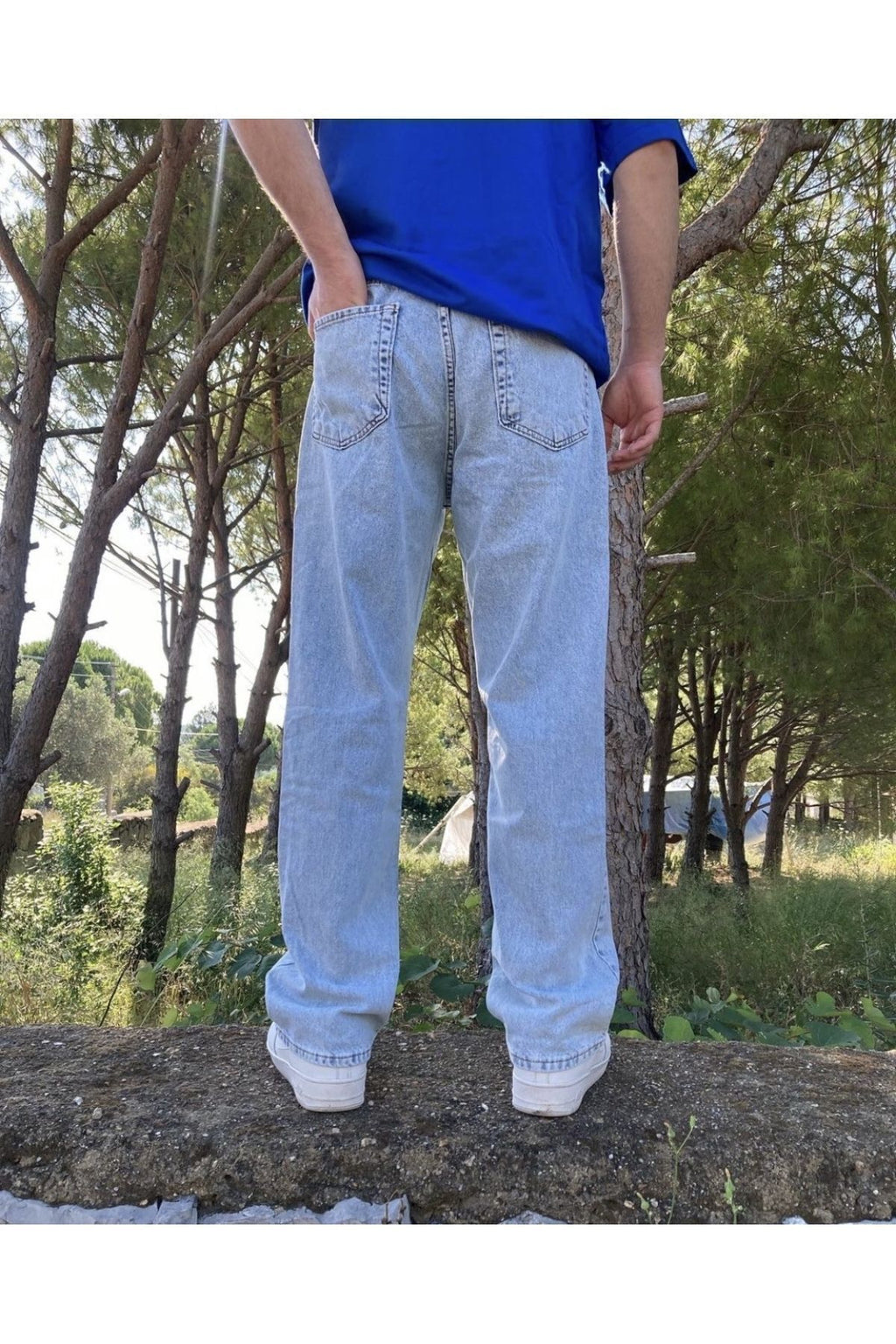 Yıkamalı Buz Mavi Baggy Pantolon