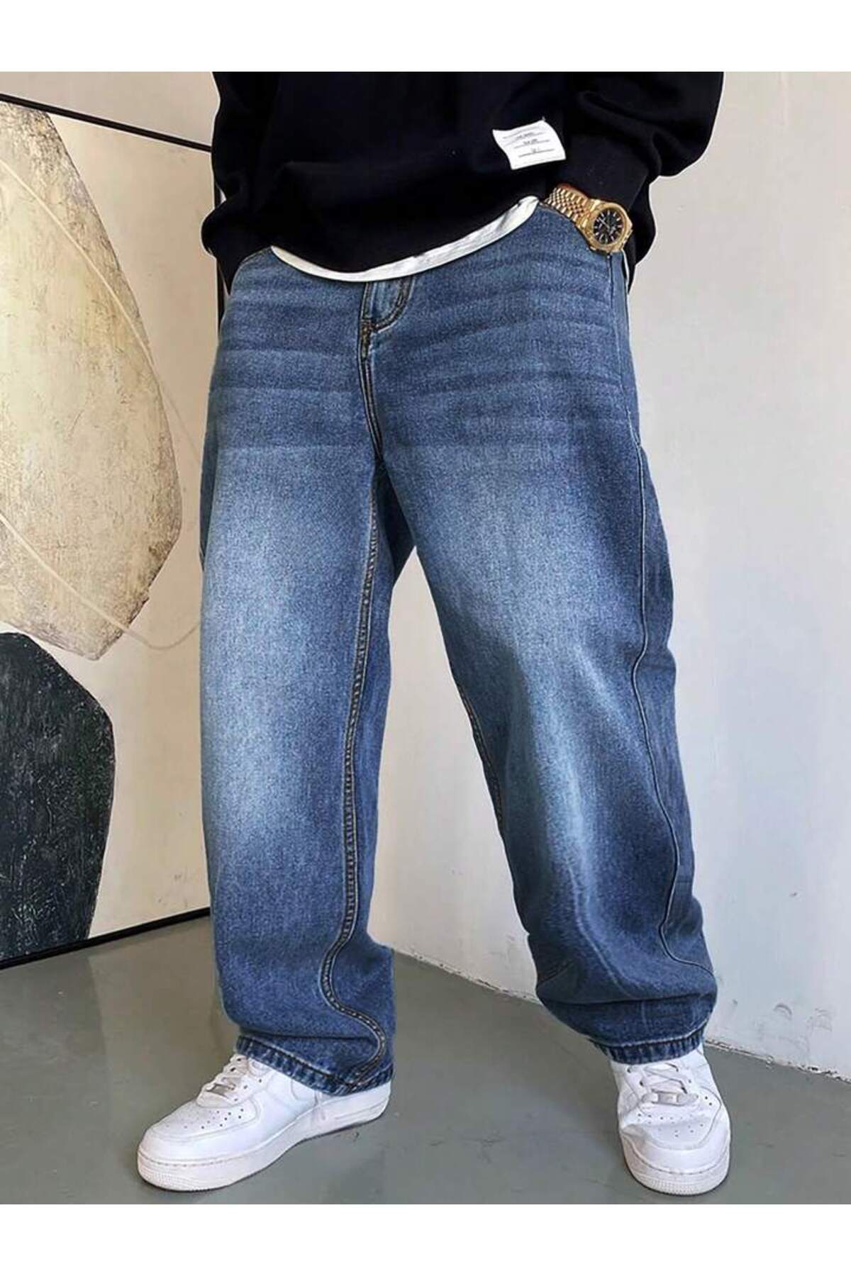 Erkek Oversize Denim Pantolon Rahat Kalıp Modern Kesim Günlük Streetwear Kot Pantolon