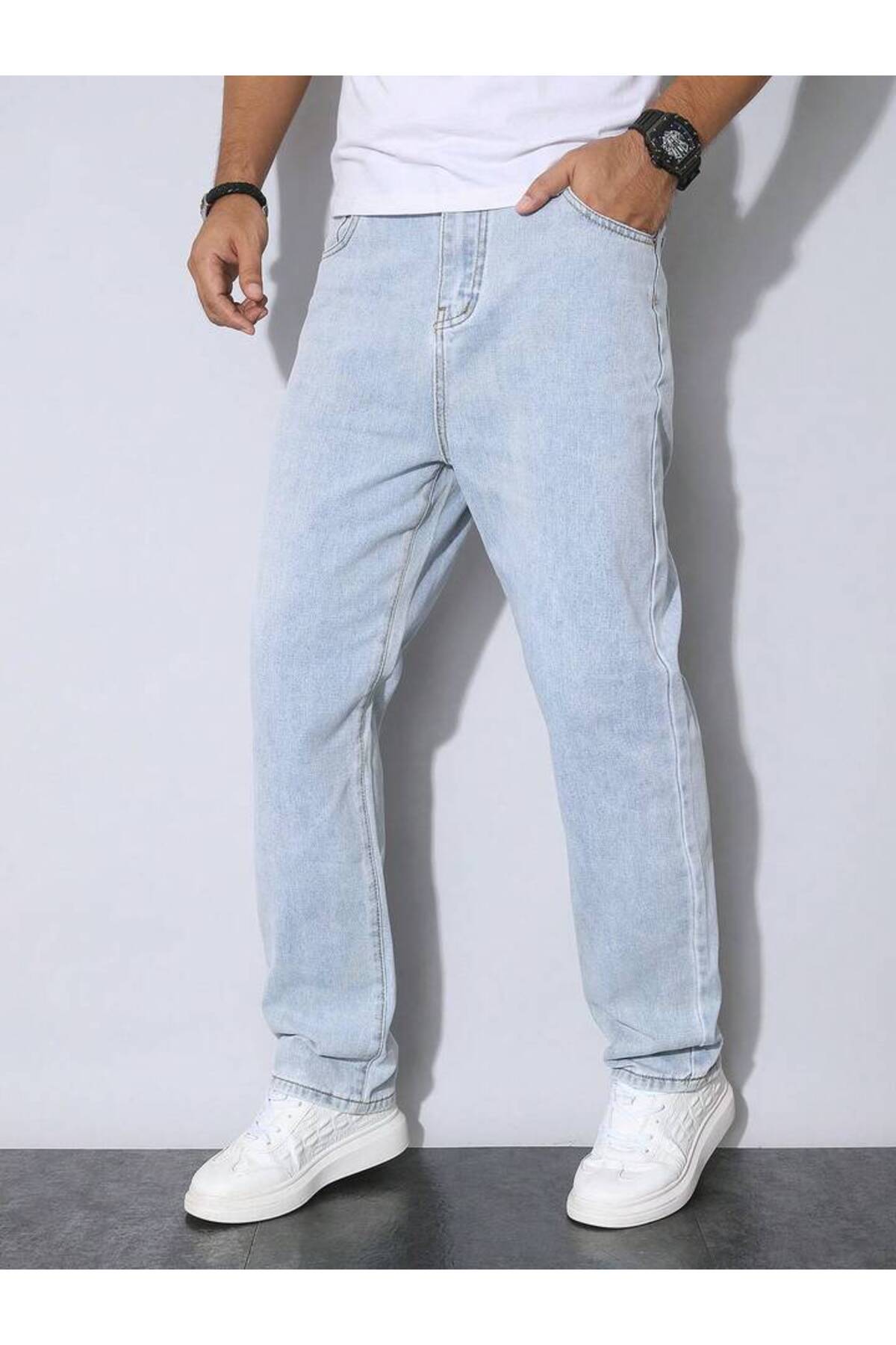 Erkek Straight Fit Jean Pantolon Vintage Yıkamalı Rahat Kalıp Günlük Denim