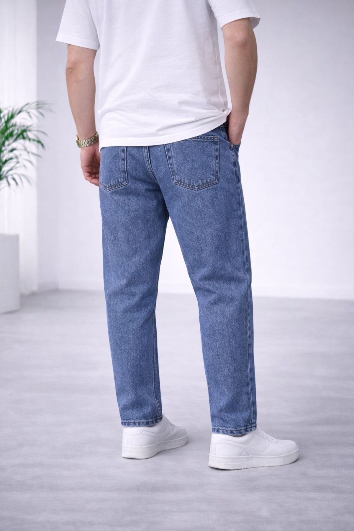 Erkek Koyu Kar Yıkama Boyfriend Jean Pantolon Rahat Kalıp Günlük Denim
