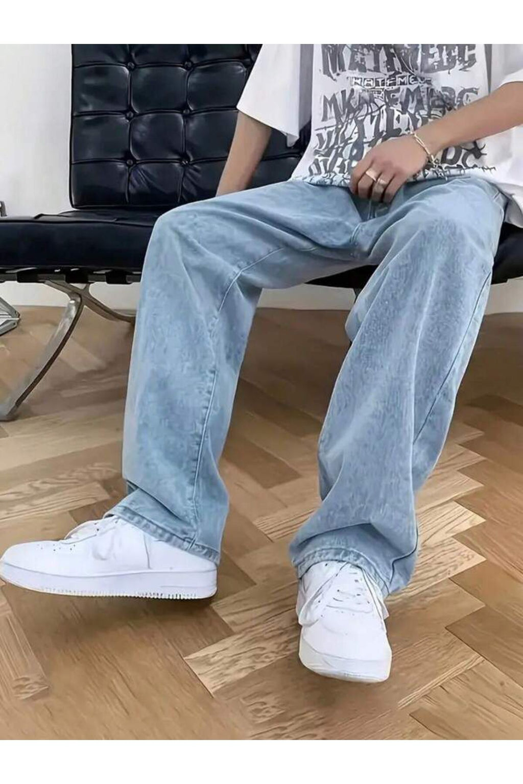 Erkek Buz Mavi Straight Baggy Fit Likrasız Rahat Kesim Kot Pantolon Jean