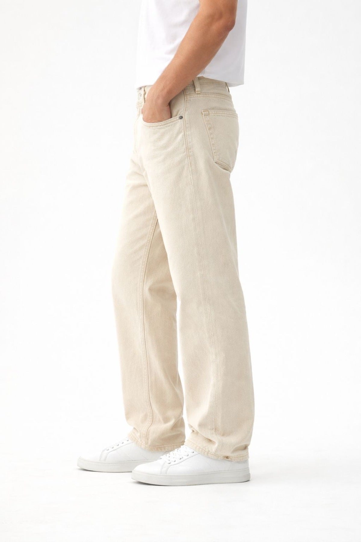 Erkek yıkamalı krem baggy jean pantolon günlük rahat kesim