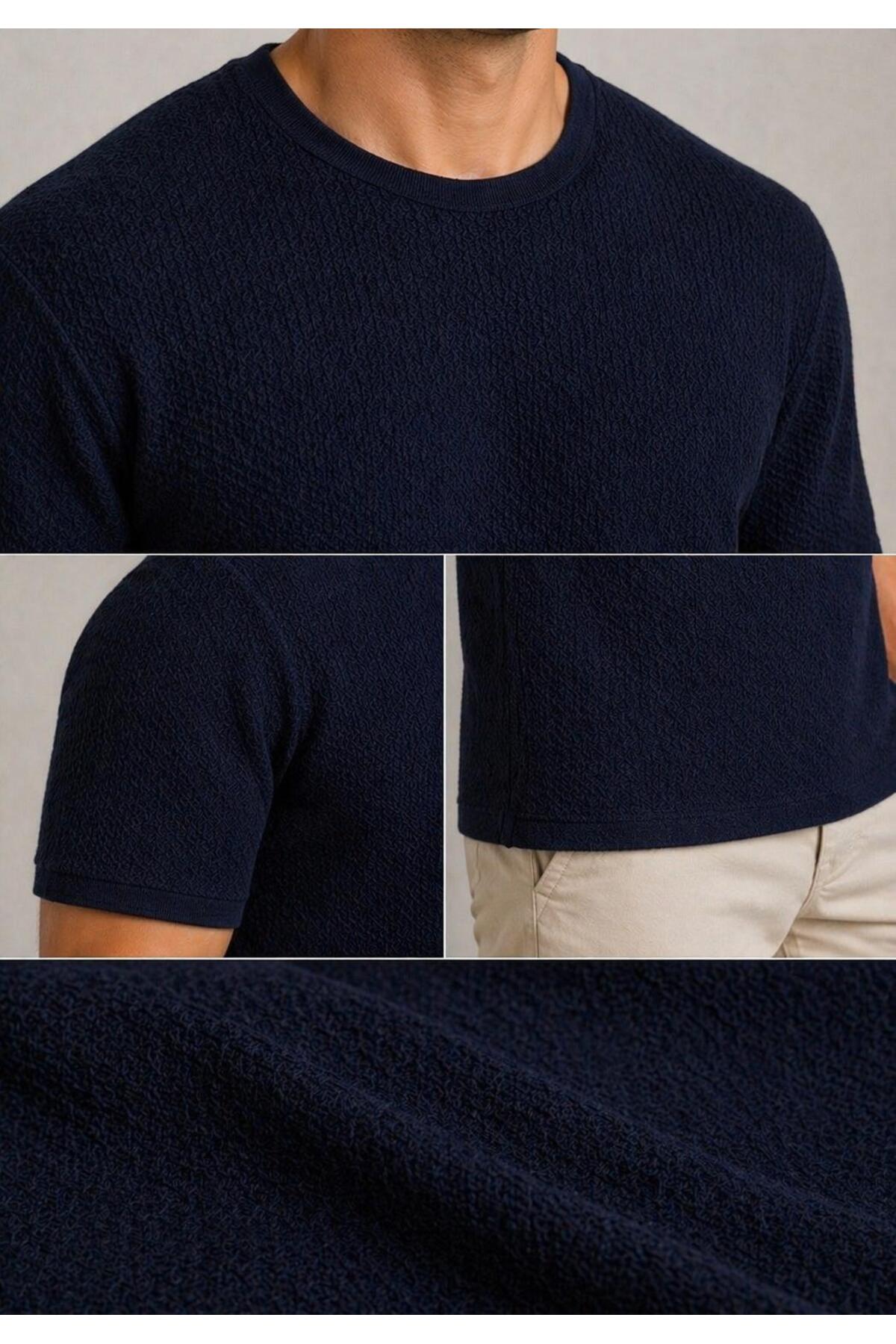 Erkek Lacivert Waffle Kumaş Oversize Tişört Bisiklet Yaka Modern Rahat Kalıp