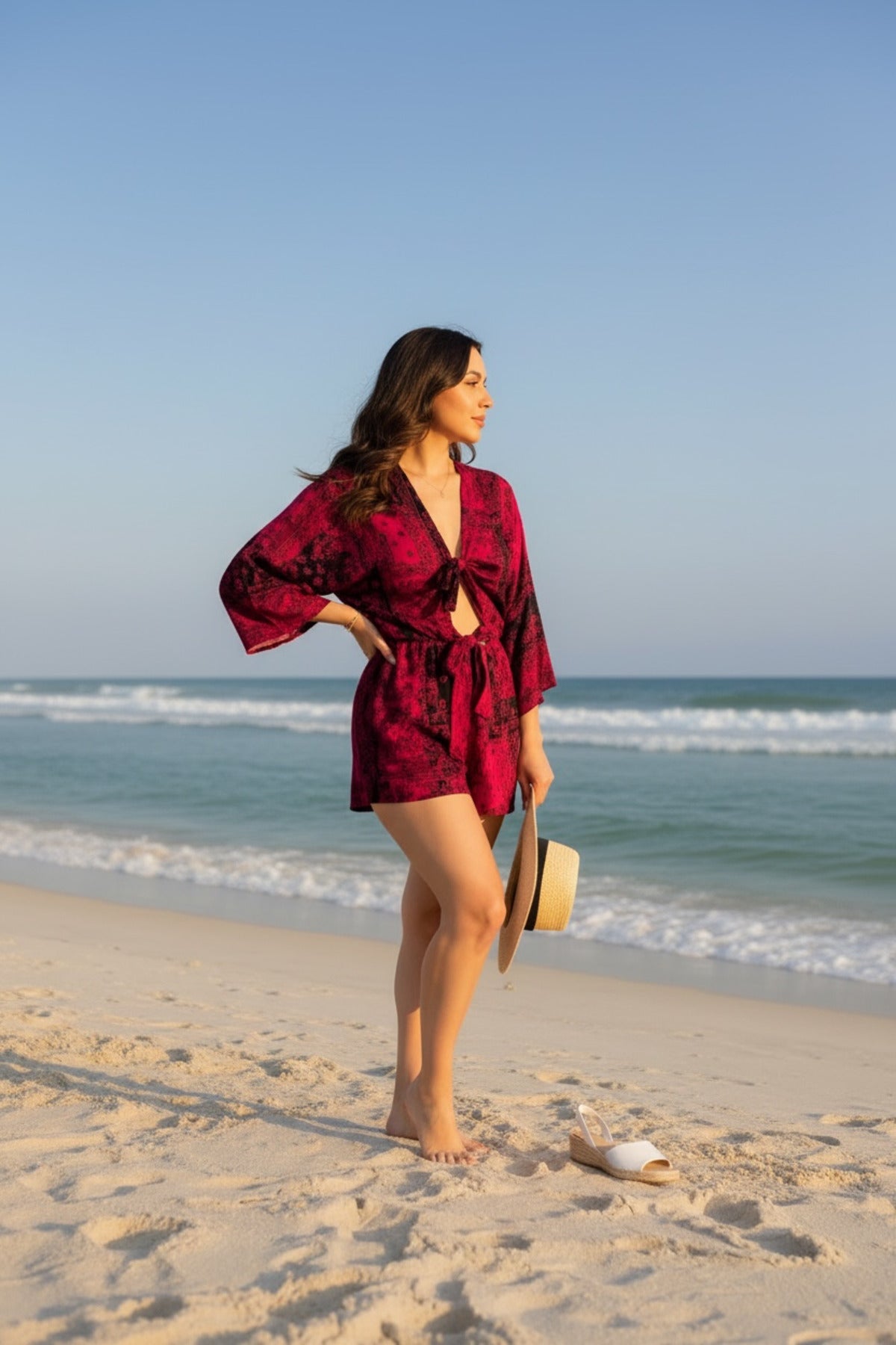 Kadın Desenli 2’li Takım Bağlamalı Crop Kimono Bluz ve Lastikli Şort Yazlık Rahat Kombin