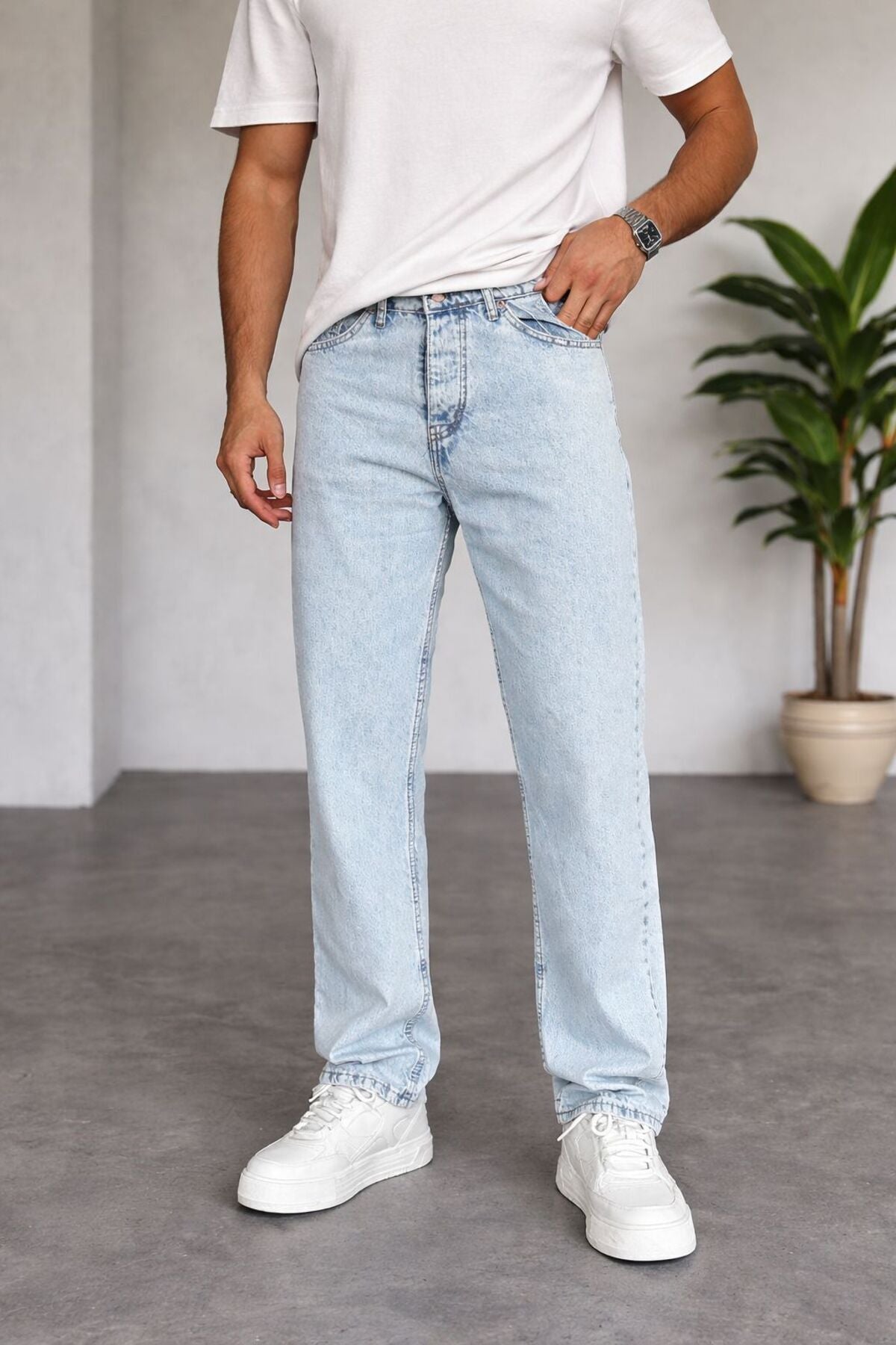 Erkek Açık Mavi Relax Fit Jean Pantolon Günlük Rahat Kesim Modern Basic Kot Denim