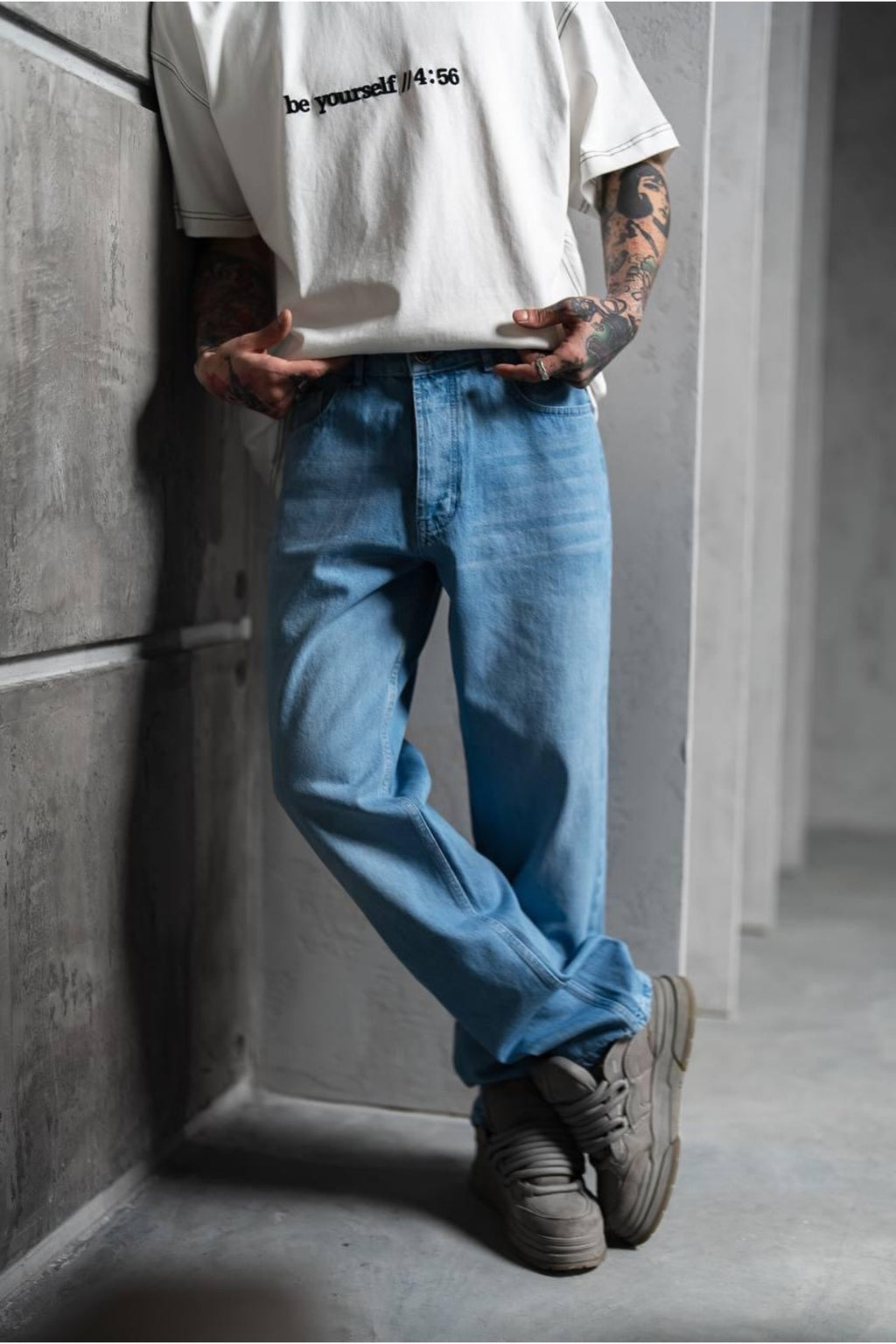 Taşlamalı Mavi Baggy Pantolon