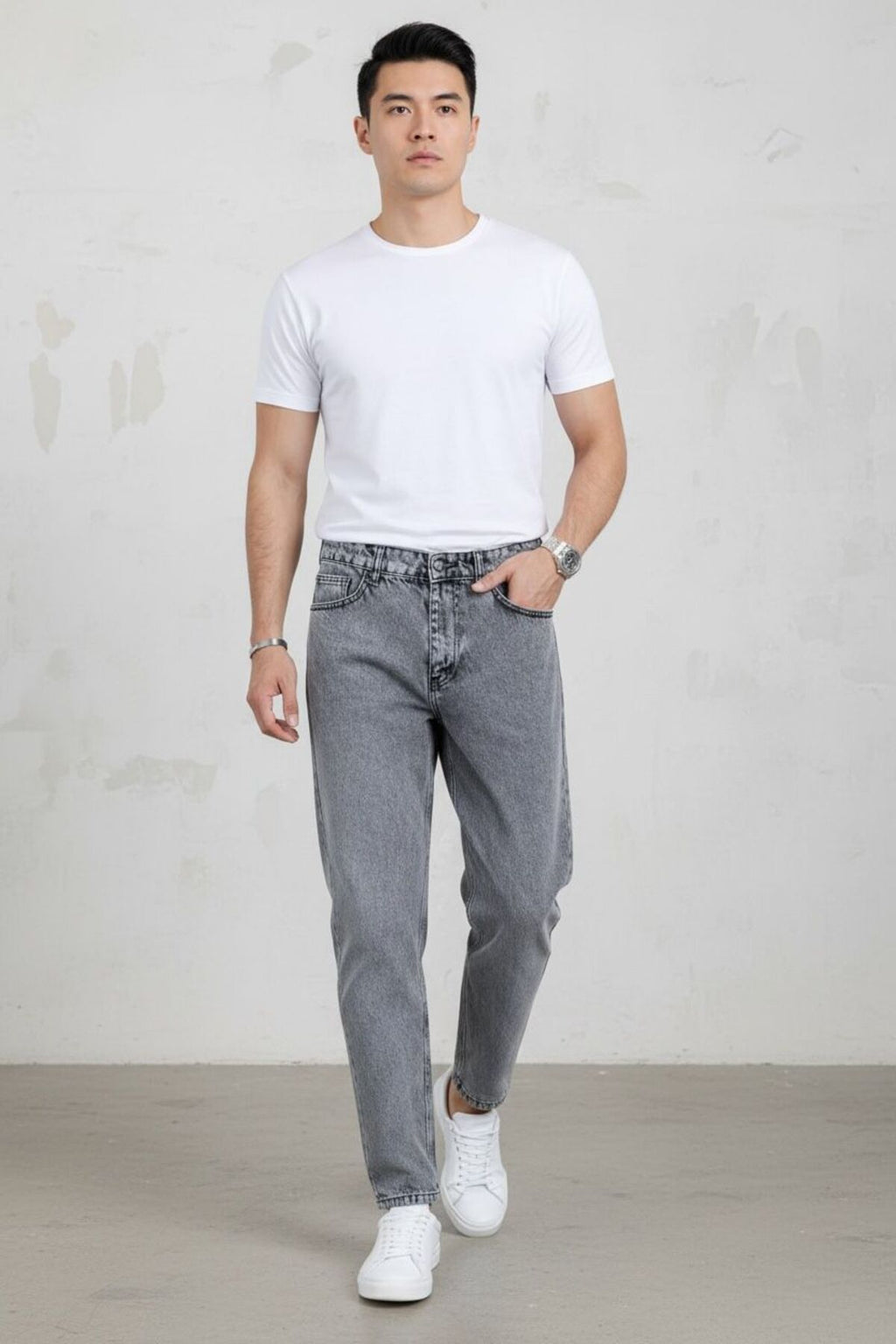 Erkek Gri Yıkamalı Kot Pantolon Modern Kesim Rahat Kalıp Günlük Şık Denim