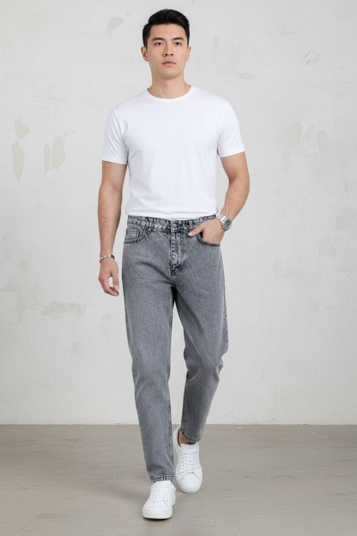 Erkek Gri Yıkamalı Kot Pantolon Modern Kesim Rahat Kalıp Günlük Şık Denim