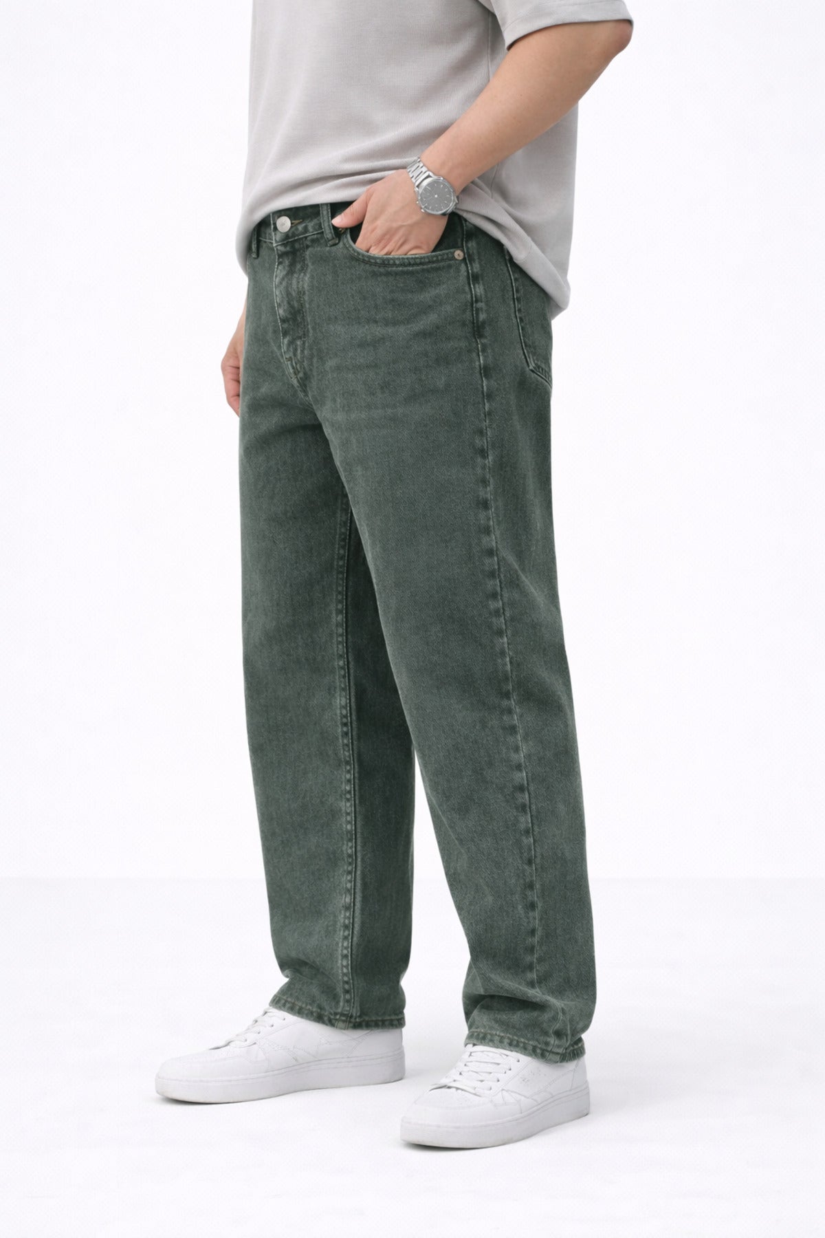 Erkek Baggy Fit Yıkamalı Yeşil Kot Pantolon Rahat Kesim Denim