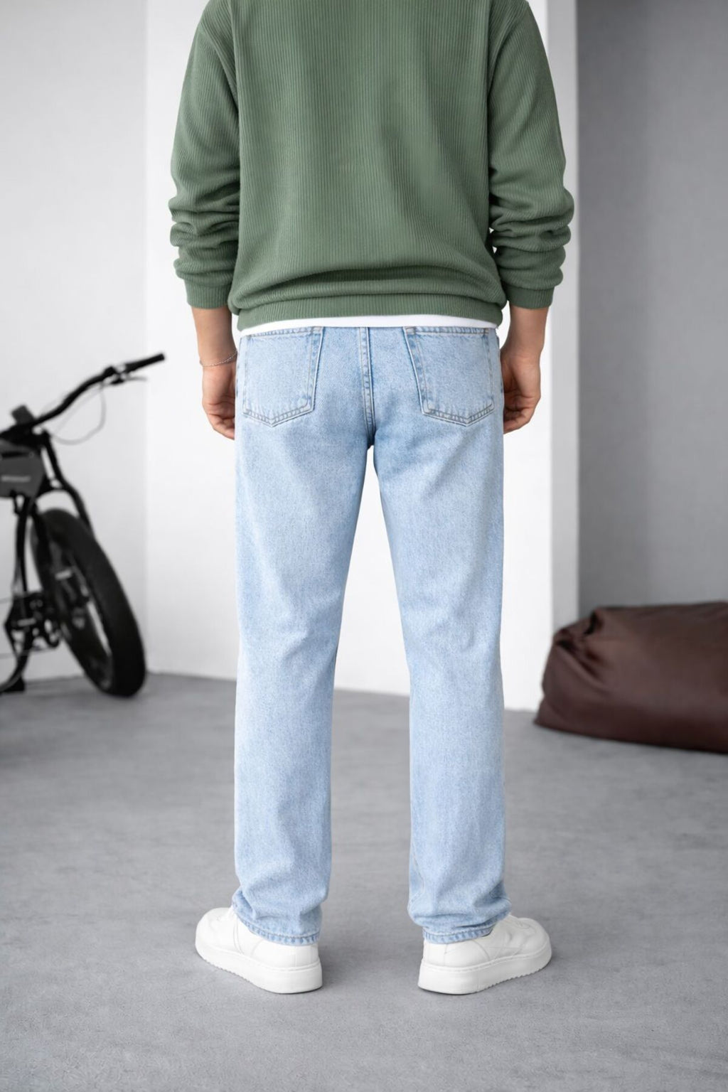 Erkek Buz Mavi Relaxed Fit Bol Paça Kot Pantolon