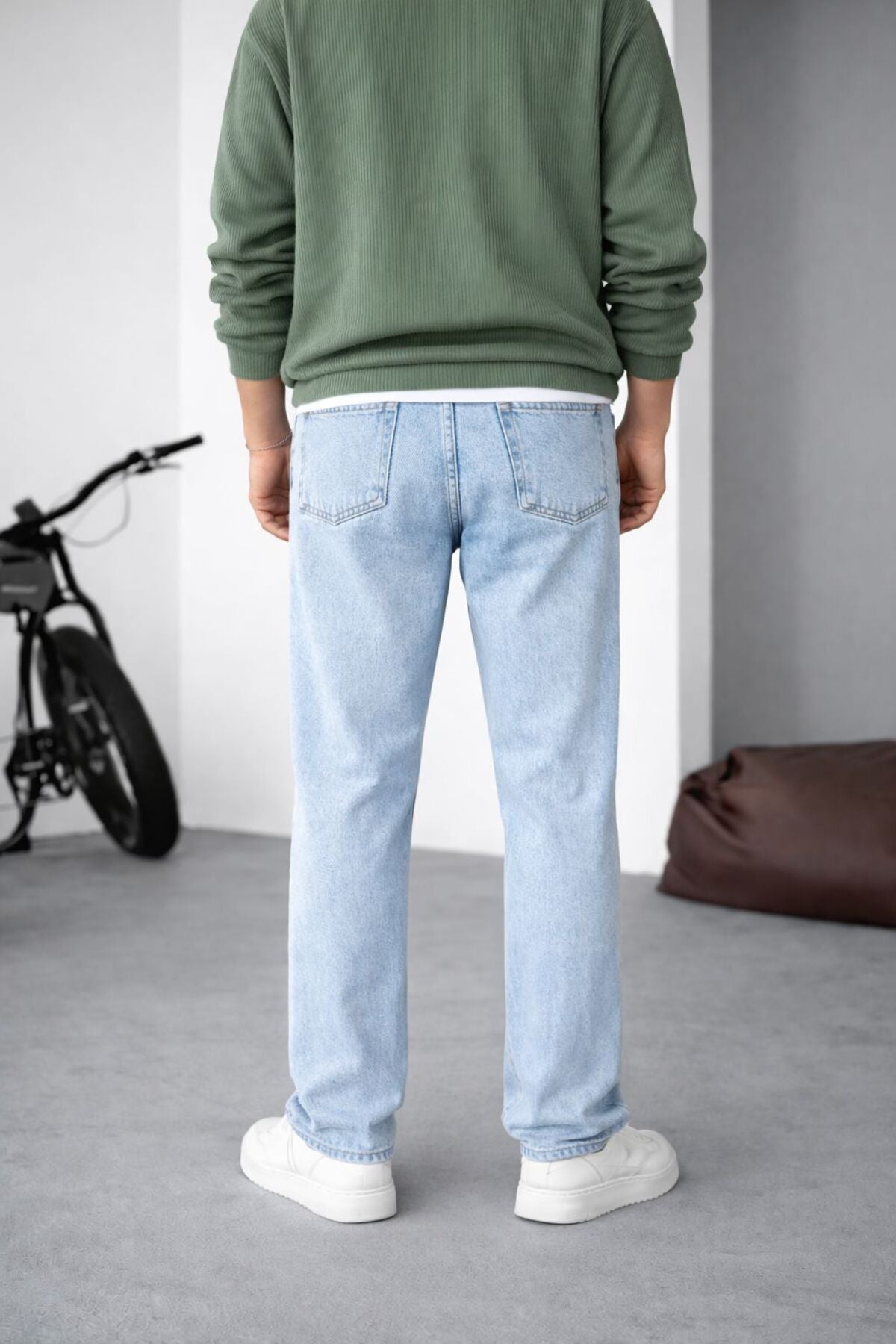 Erkek Buz Mavi Relaxed Fit Bol Paça Kot Pantolon