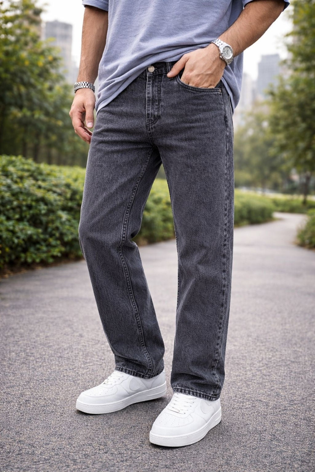 Erkek Straight Fit Jean Pantolon Vintage Yıkamalı Rahat Kalıp Günlük Denim