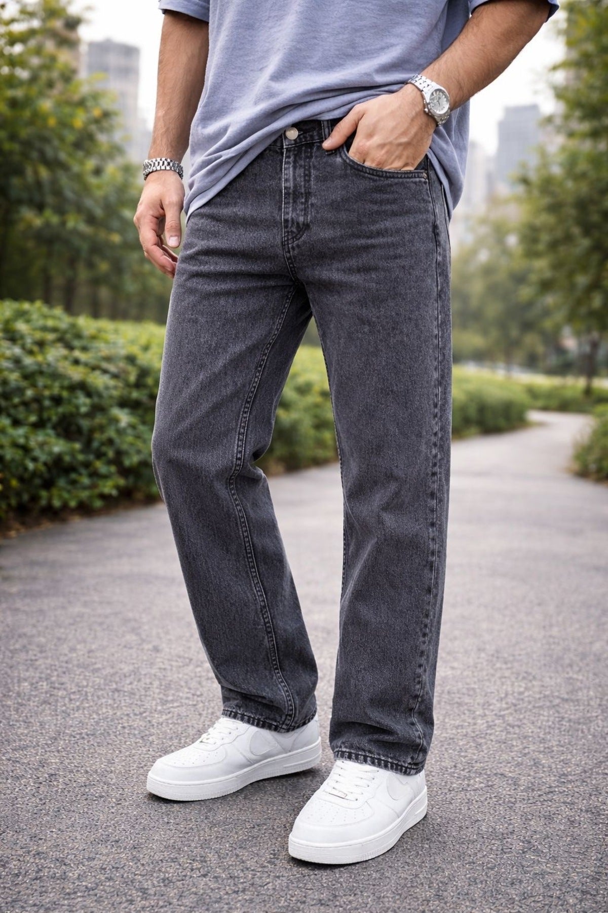 Erkek Straight Fit Jean Pantolon Vintage Yıkamalı Rahat Kalıp Günlük Denim