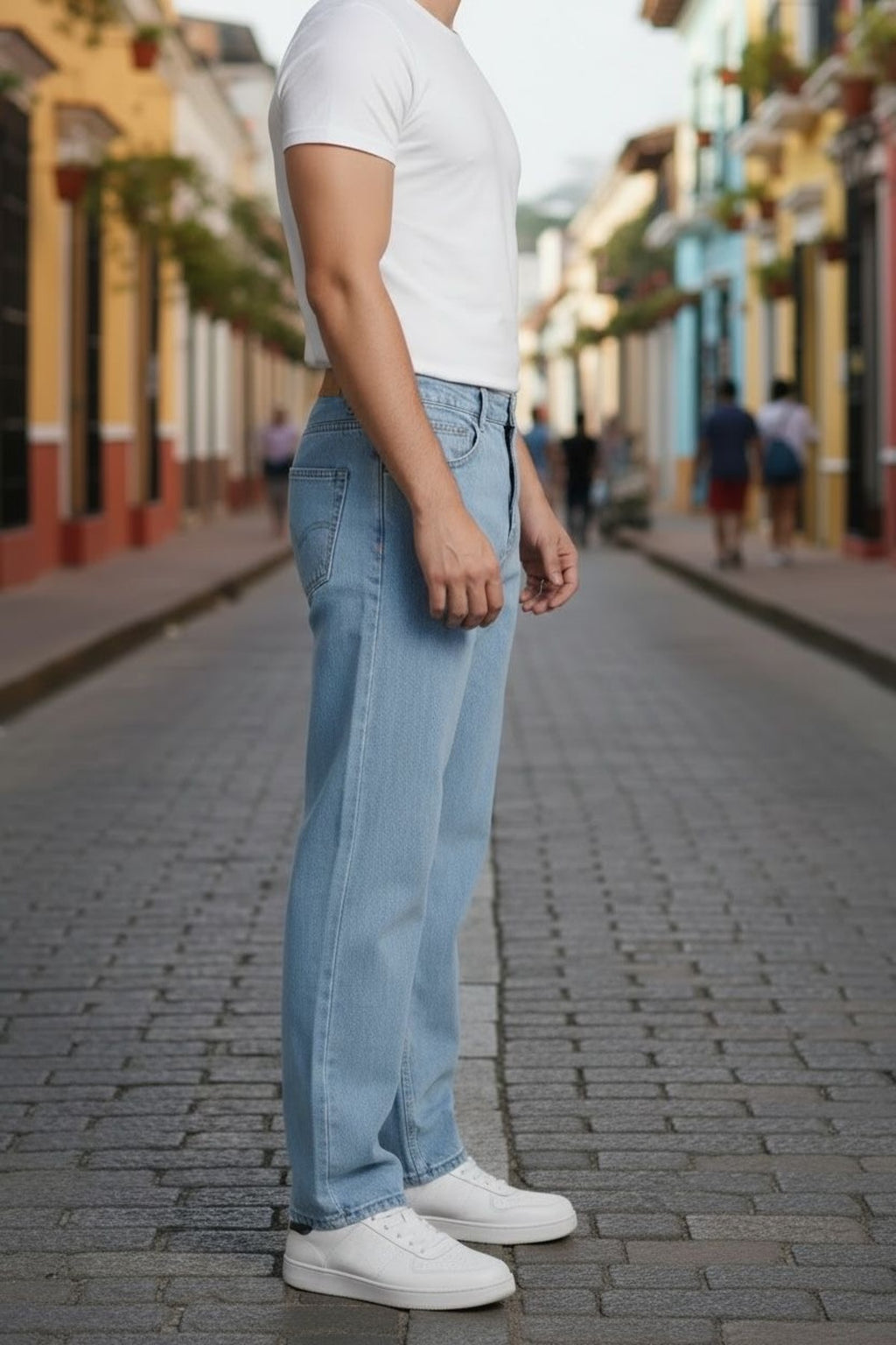 Erkek Açık Mavi Relaxed Fit Denim Pantolon Sokak Stili Jean
