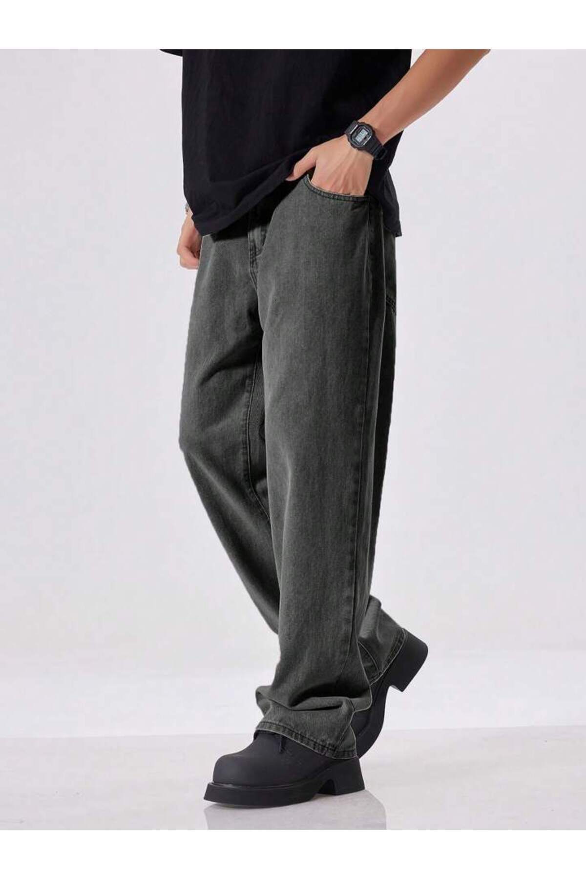 Erkek Oversize Baggy Jean Pantolon Vintage Yıkamalı Geniş Paça Streetwear Denim
