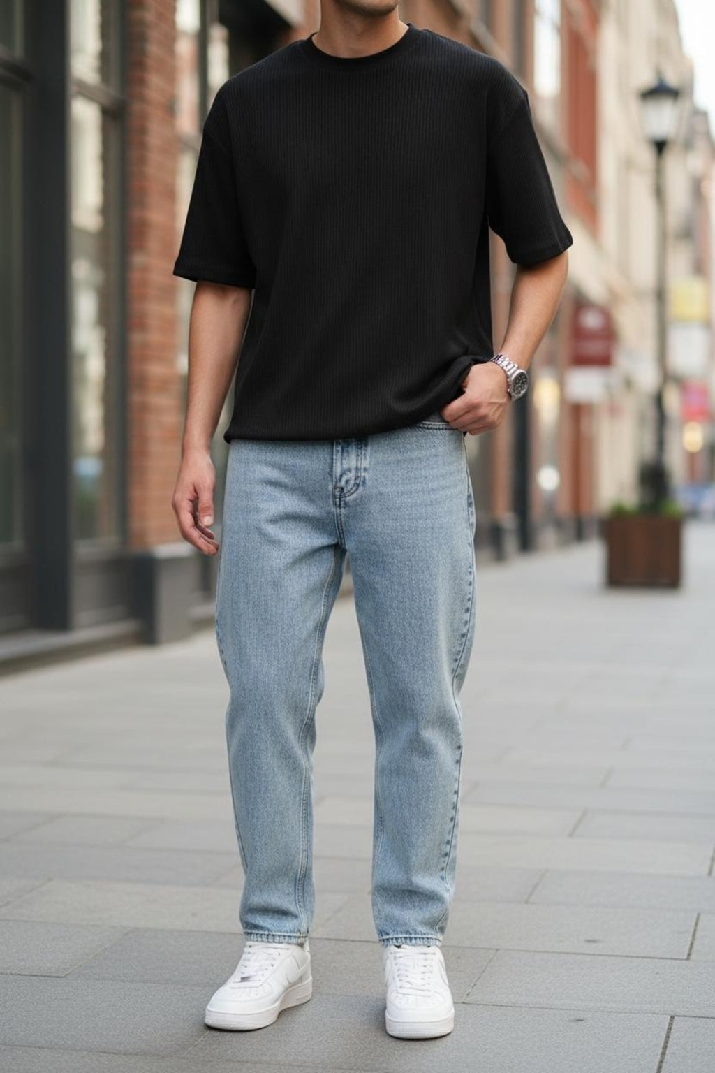 Erkek Açık Mavi Boyfriend Jean Pantolon Rahat Kalıp Streetwear Denim Pantolon