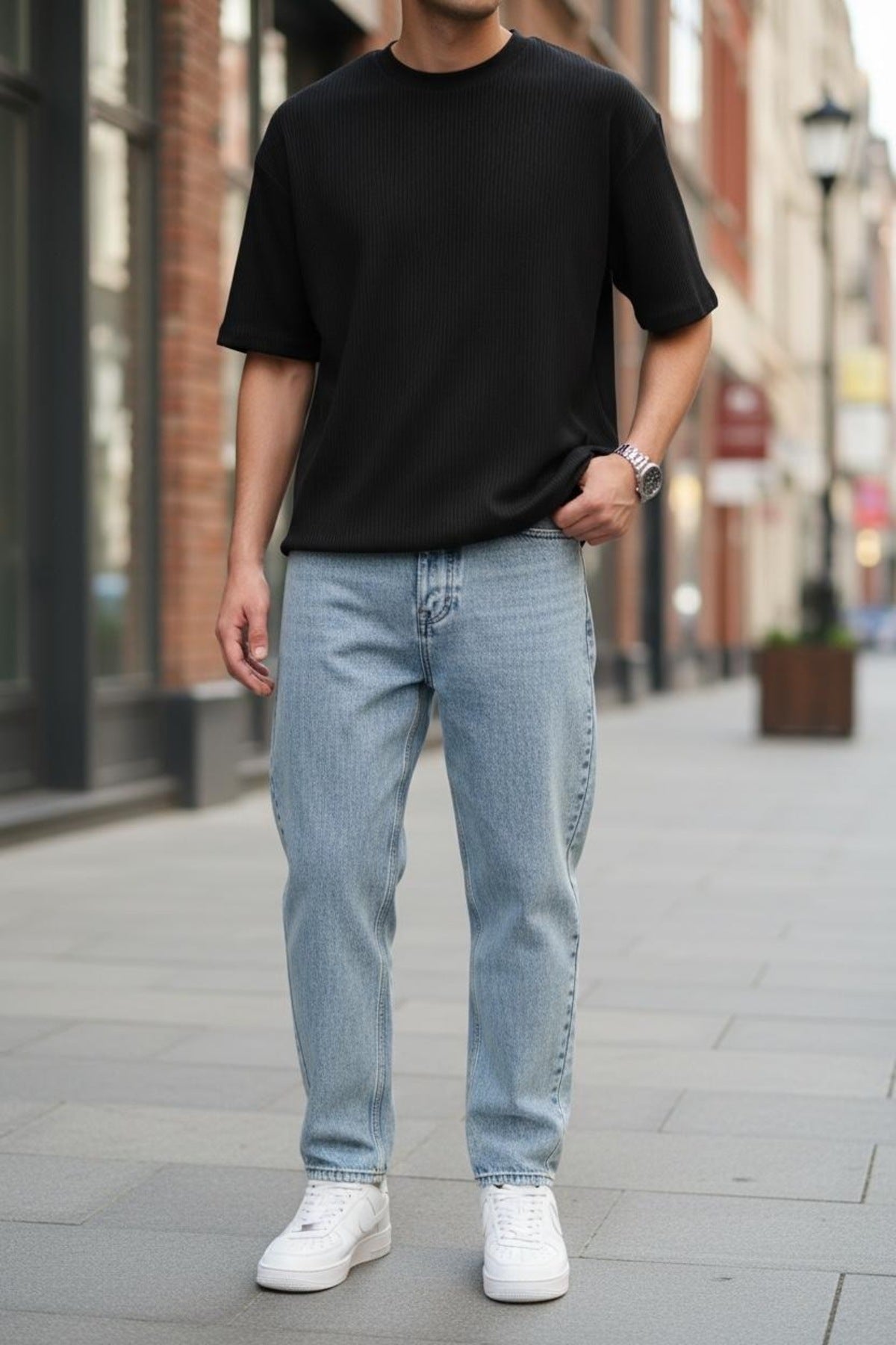 Erkek Açık Mavi Boyfriend Jean Pantolon Rahat Kalıp Streetwear Denim Pantolon