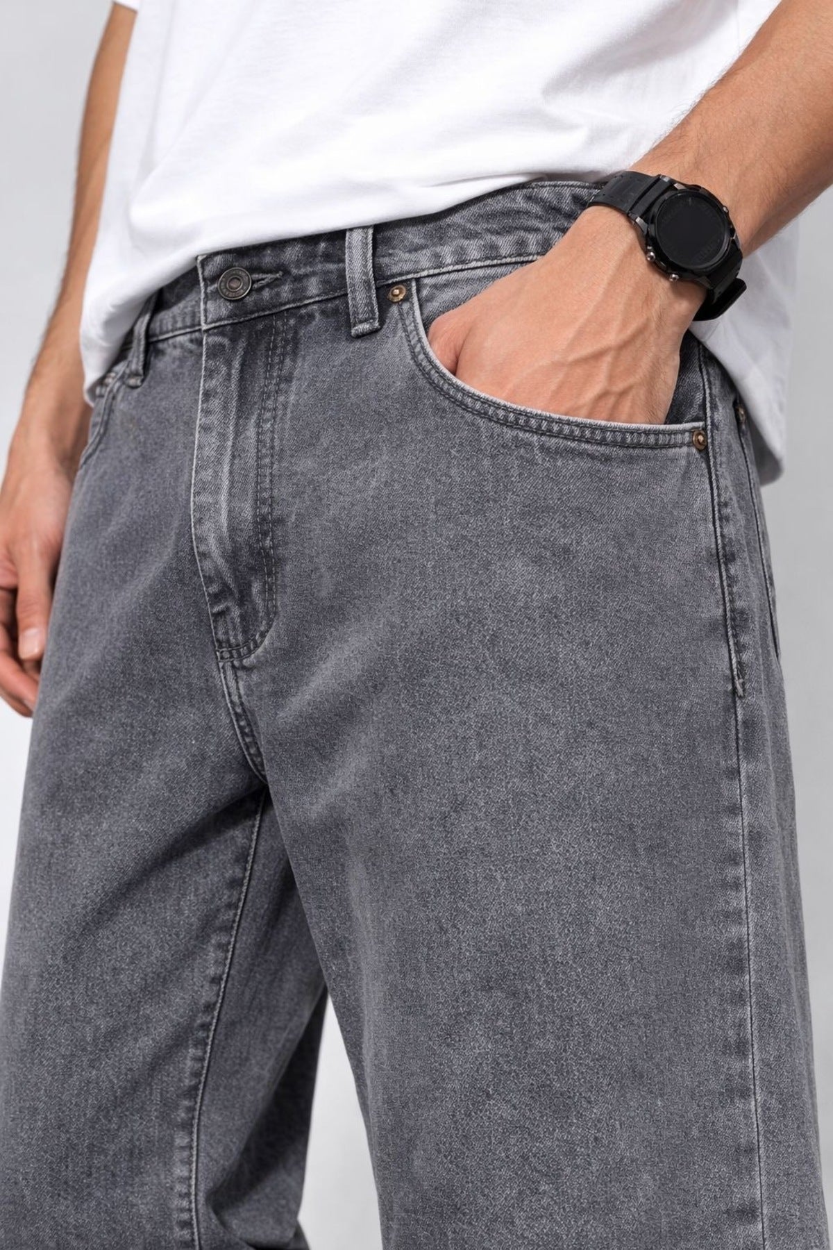 Erkek Gri Yıkamalı Baggy Jean Pantolon Rahat Kesim Günlük Şık Oversize Denim