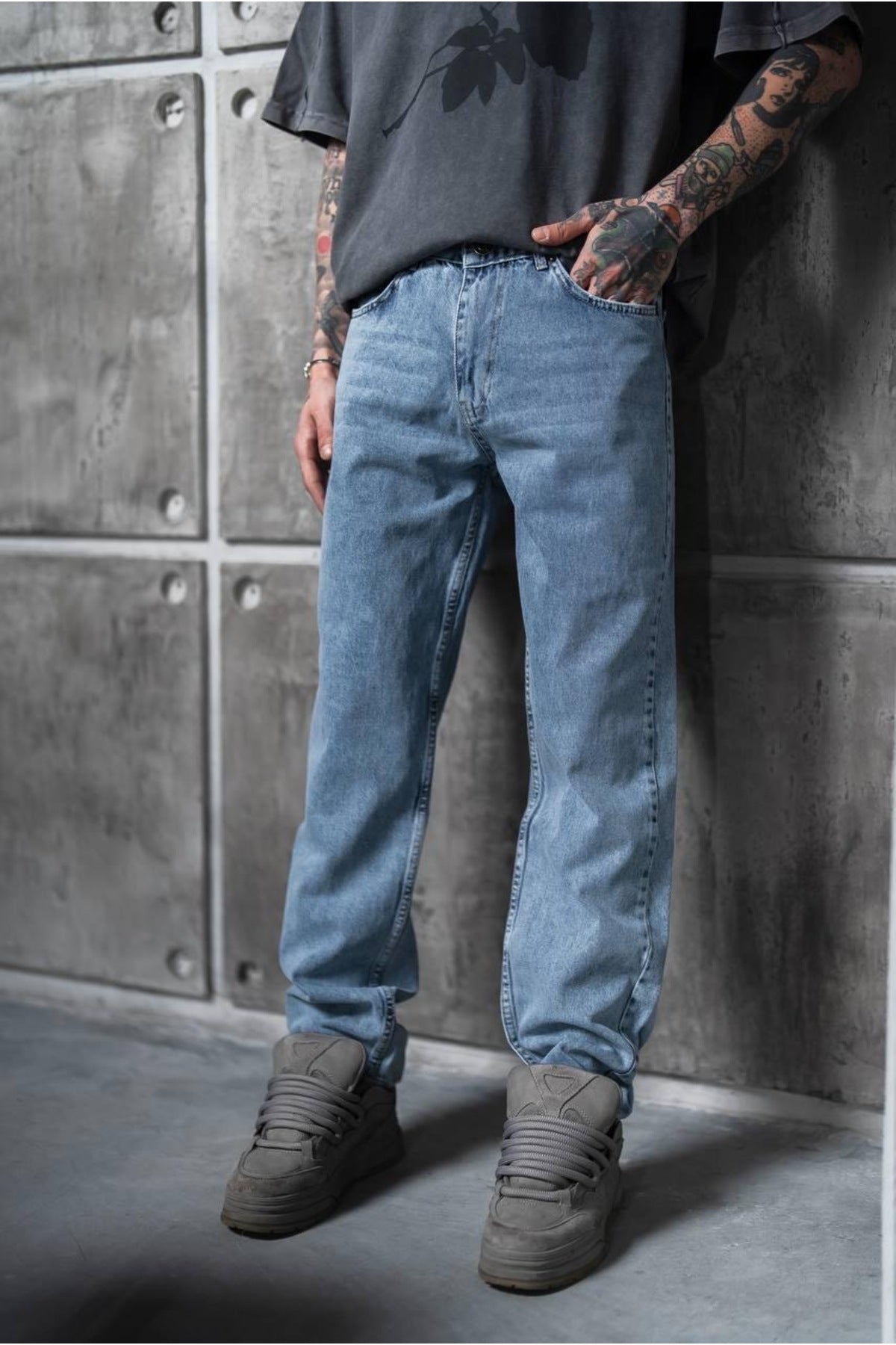 Yıkamalı Mavi Baggy Pantolon