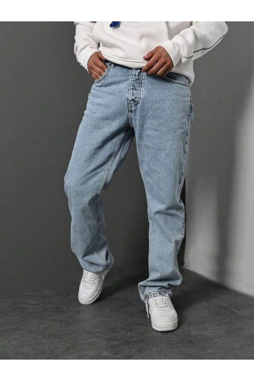 Erkek Açık Mavi Buz Yıkama Denim Pantolon Relaxed Fit Jean