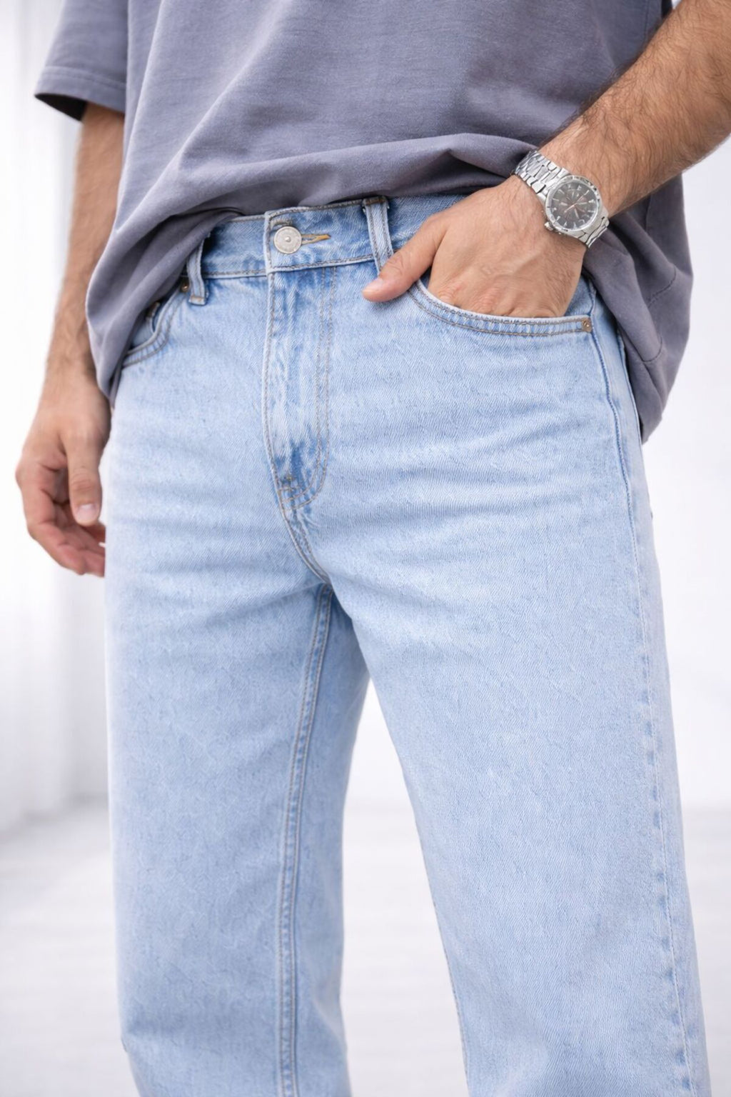 Erkek Açık Mavi Straight Fit Düz Paça Kot Pantolon