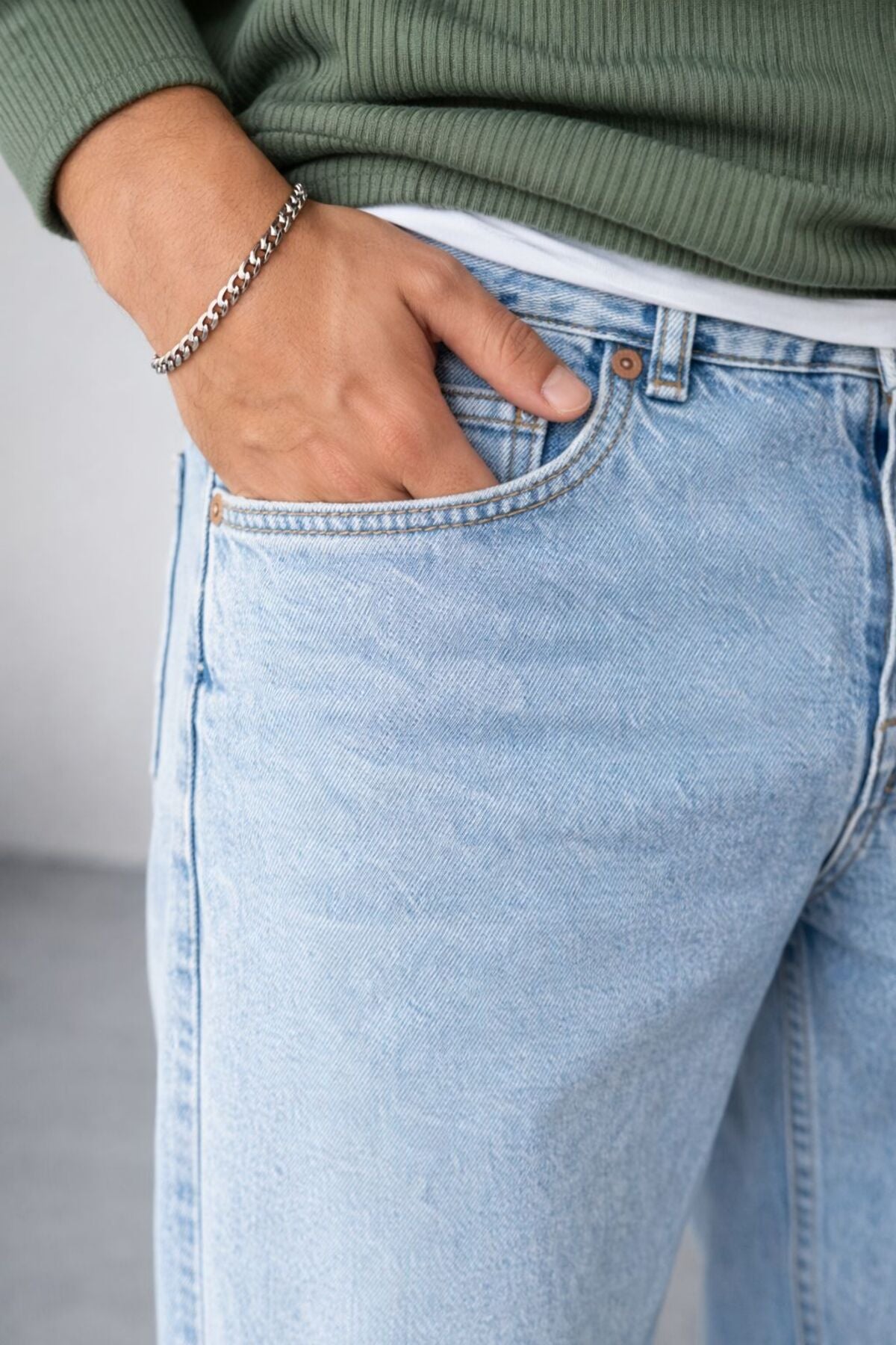 Erkek Buz Mavi Relaxed Fit Bol Paça Kot Pantolon