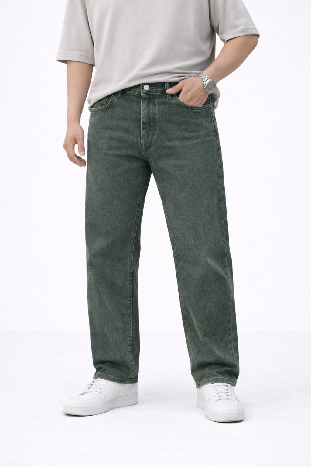 Erkek Baggy Fit Yıkamalı Yeşil Kot Pantolon Rahat Kesim Denim