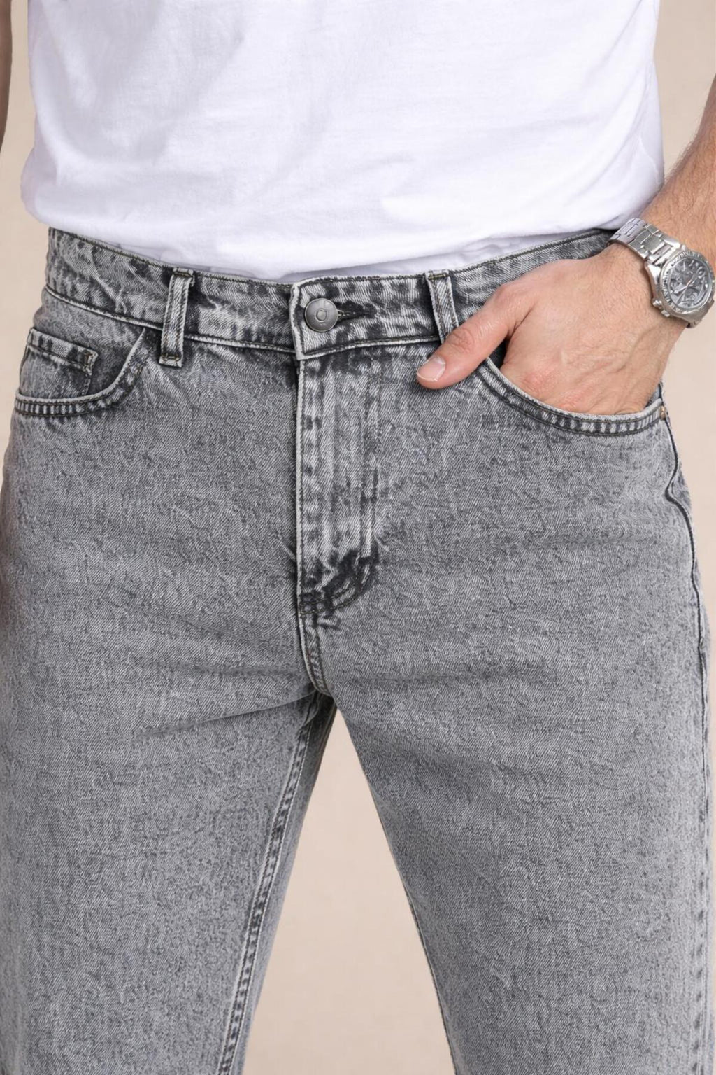 Erkek Açık Gri Boyfriend Jean Pantolon Rahat Kalıp Günlük Denim