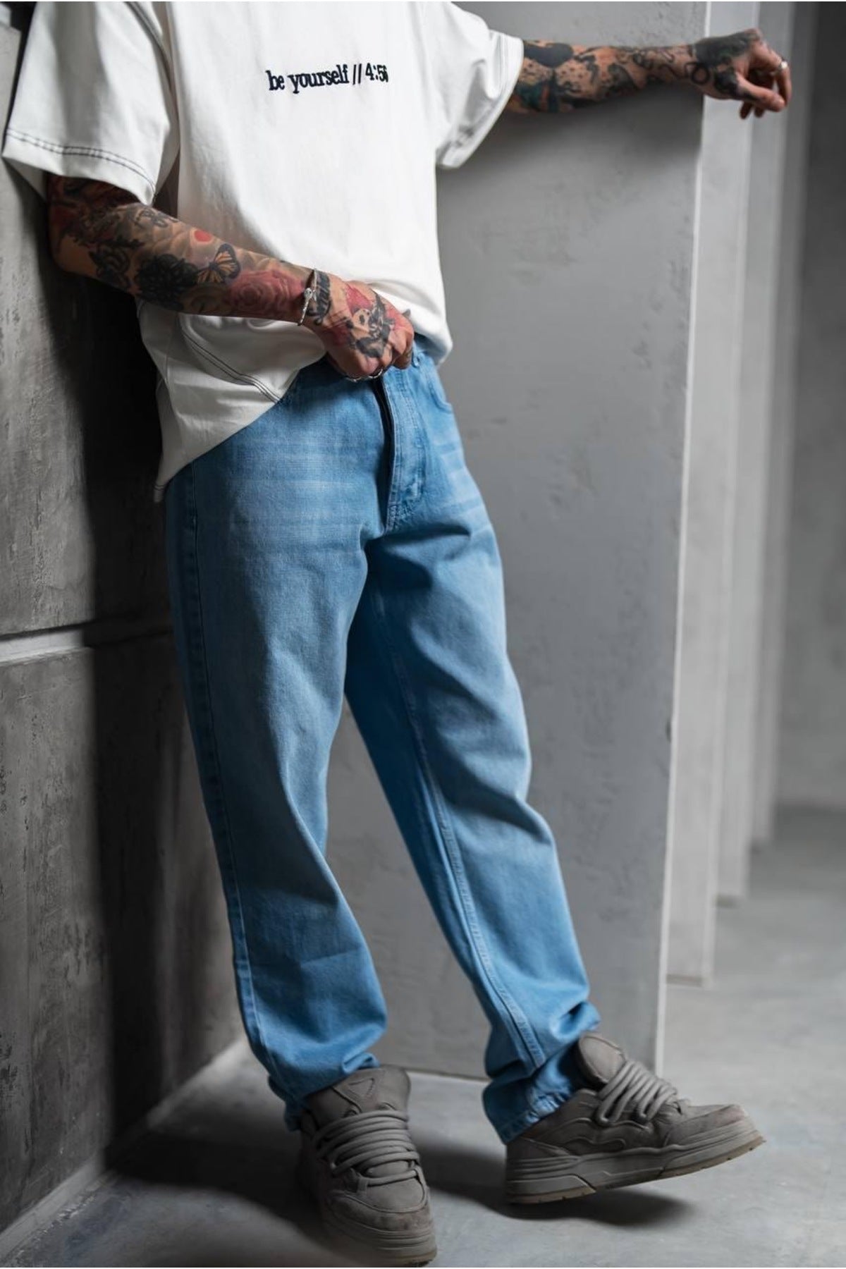 Taşlamalı Mavi Baggy Pantolon