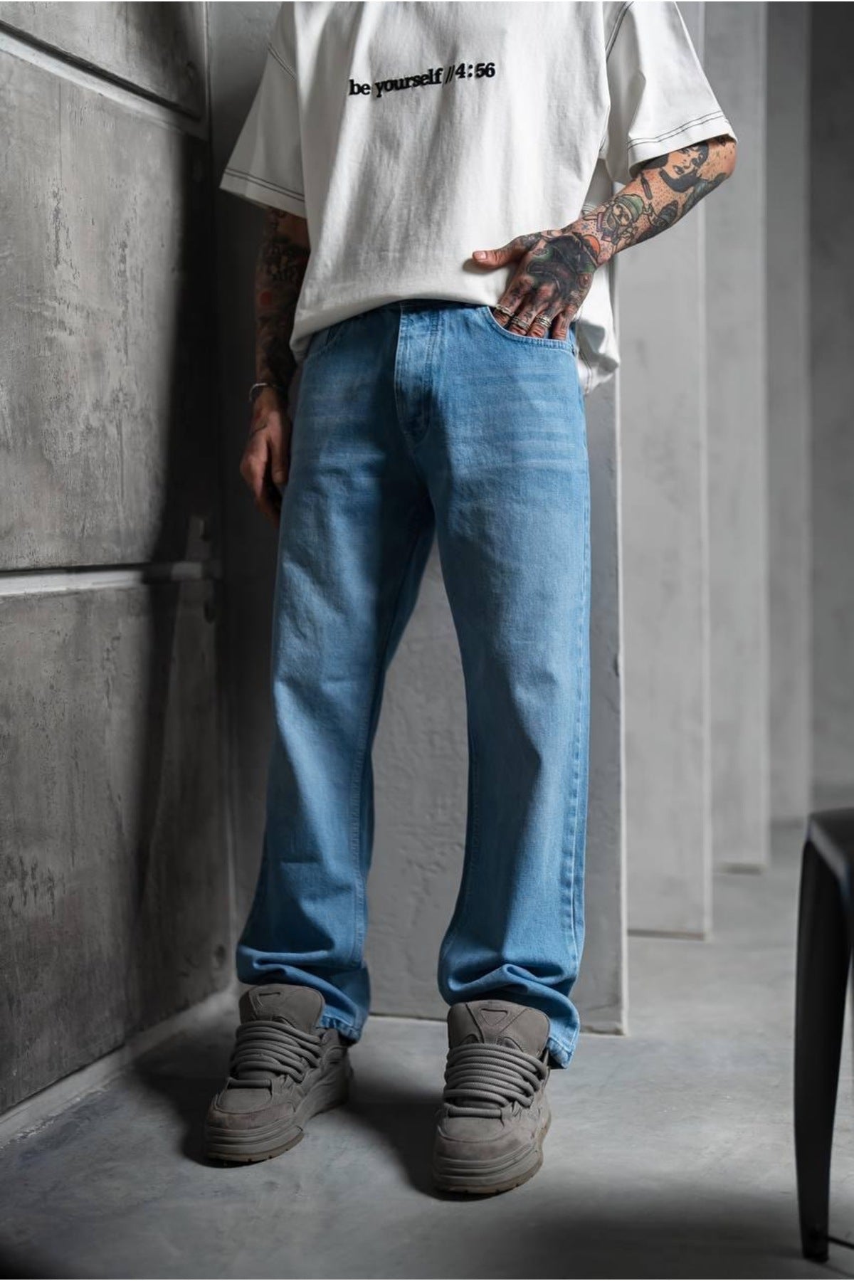Taşlamalı Mavi Baggy Pantolon