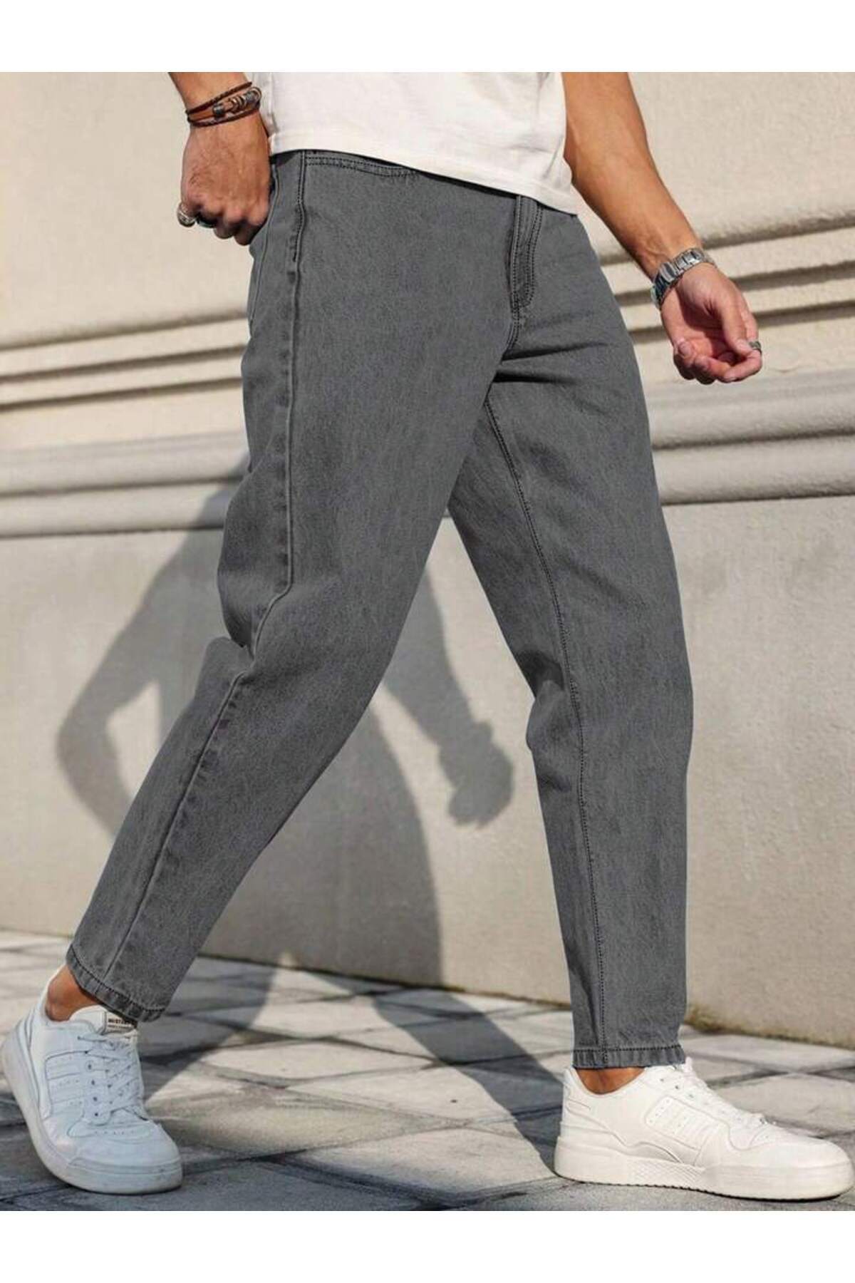 Erkek Açık Antrasit Gri Rahat Kalıp Denim Pantolon Modern Kesim Günlük Şık Basic Kot