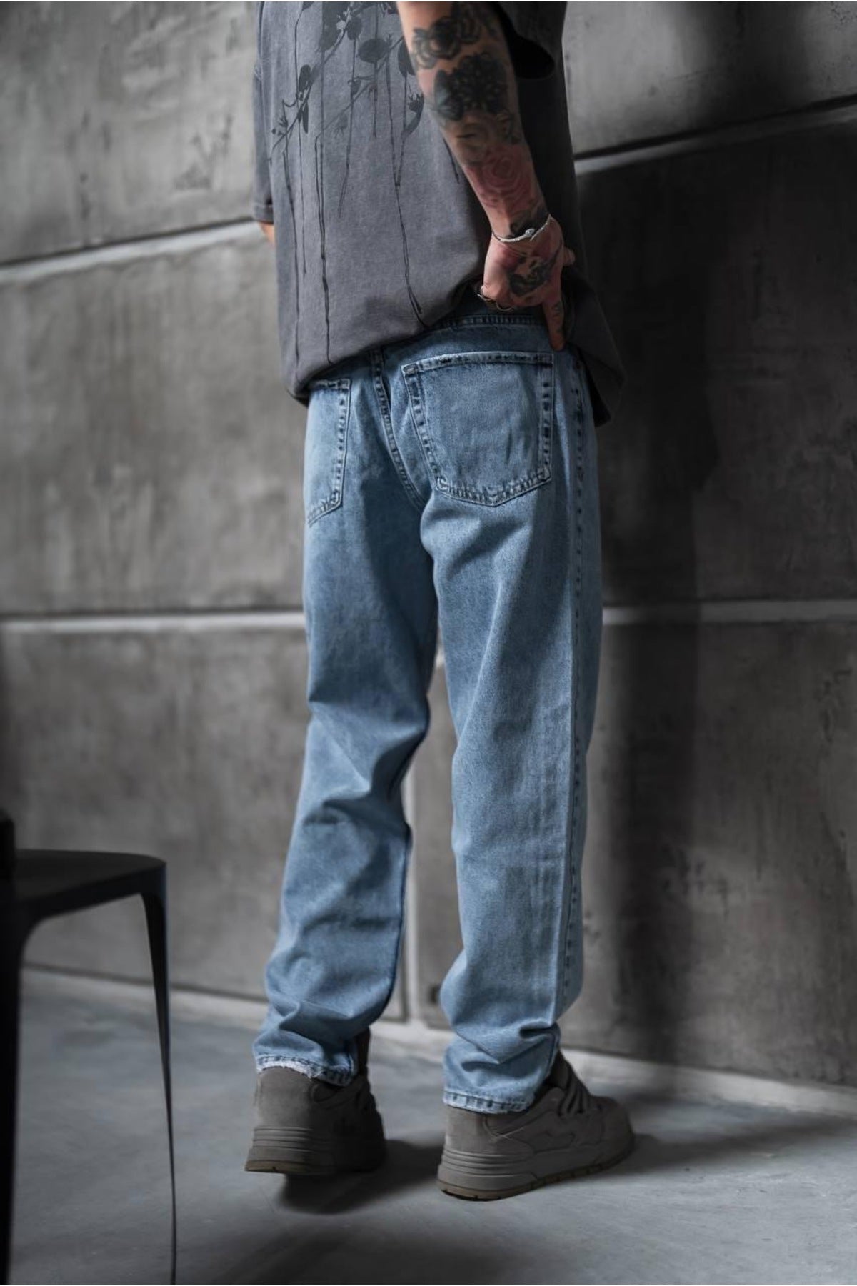 Yıkamalı Mavi Baggy Pantolon