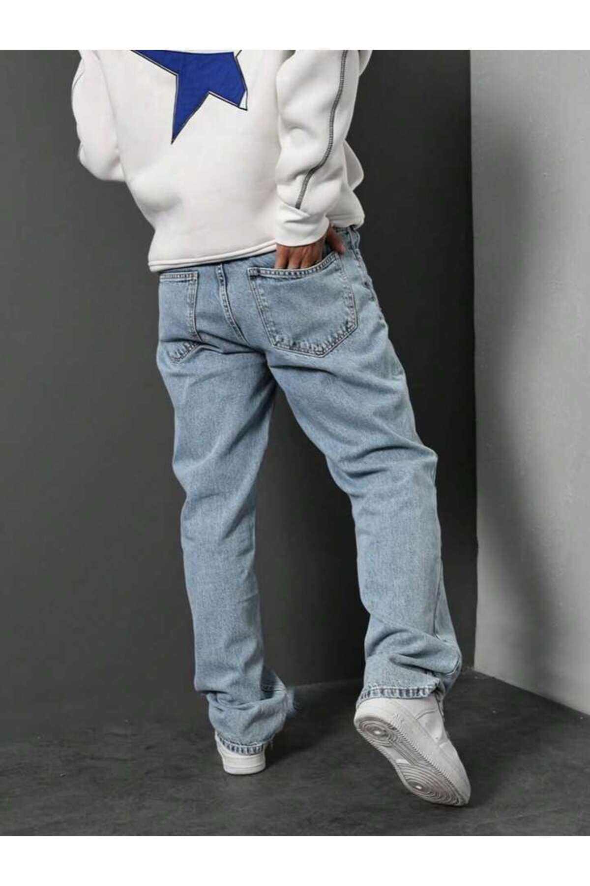 Erkek Açık Mavi Buz Yıkama Denim Pantolon Relaxed Fit Jean