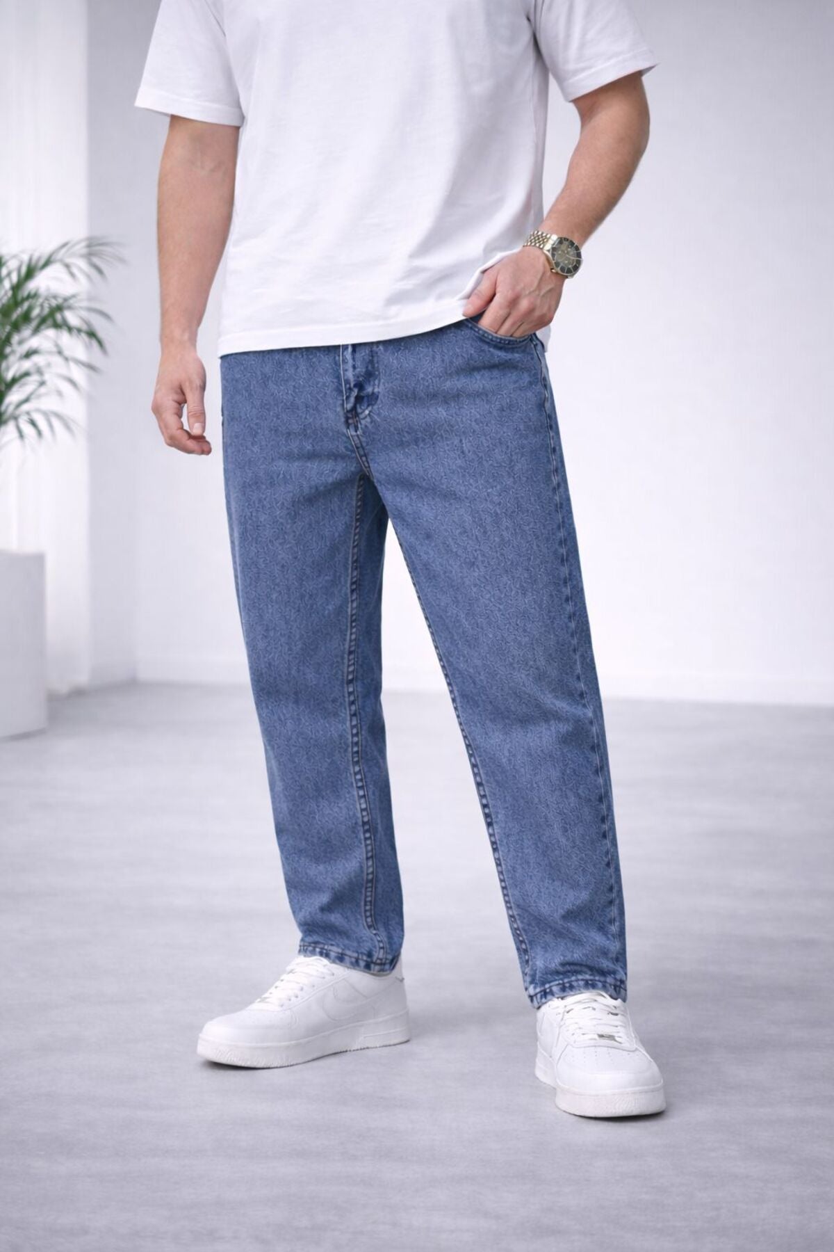 Erkek Koyu Kar Yıkama Boyfriend Jean Pantolon Rahat Kalıp Günlük Denim