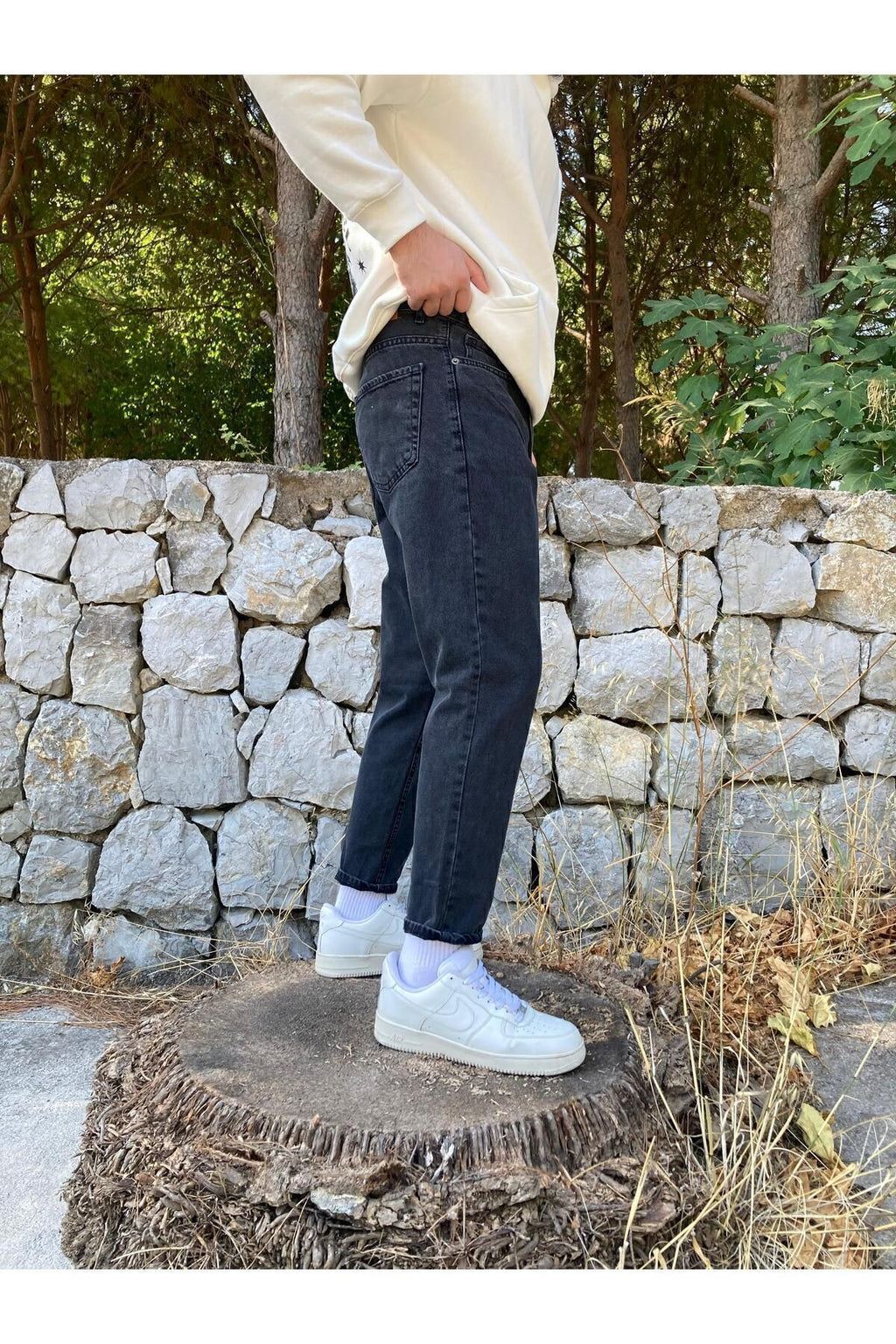Yıkamalı Siyah Boyfriend Pantolon