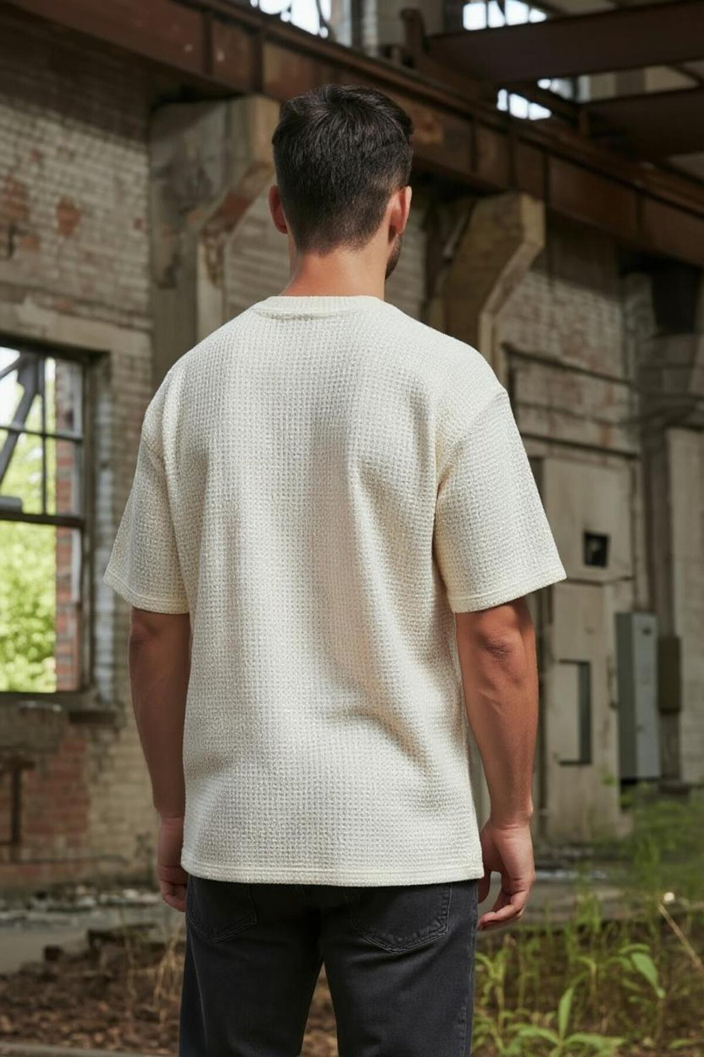 Erkek Bej Waffle Kumaş Oversize Tişört Bisiklet Yaka Modern Rahat Kalıp