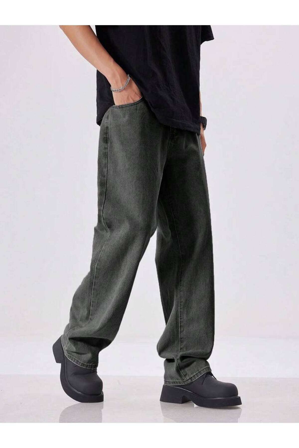Erkek Oversize Baggy Jean Pantolon Vintage Yıkamalı Geniş Paça Streetwear Denim