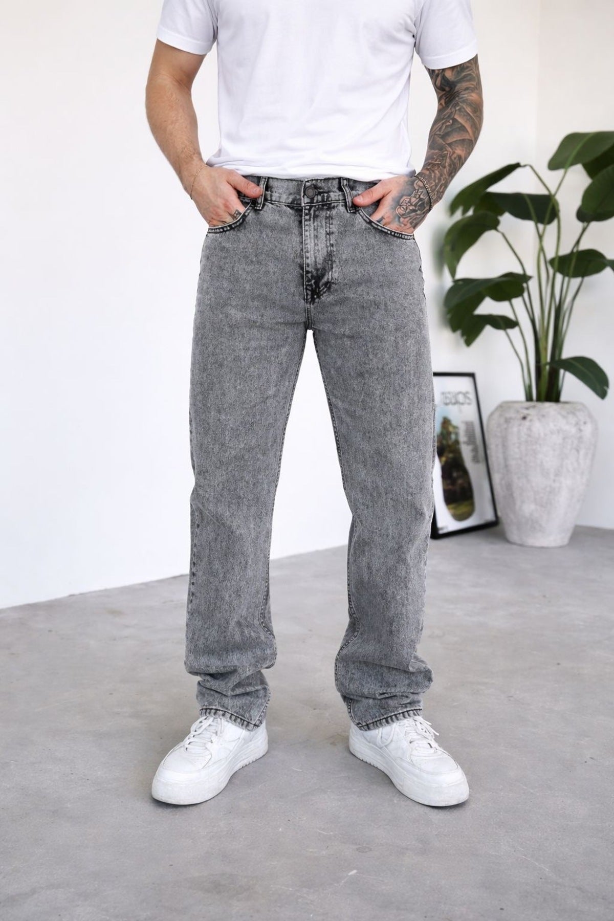 Erkek Gri Baggy Bol Kalıp Kot Pantolon
