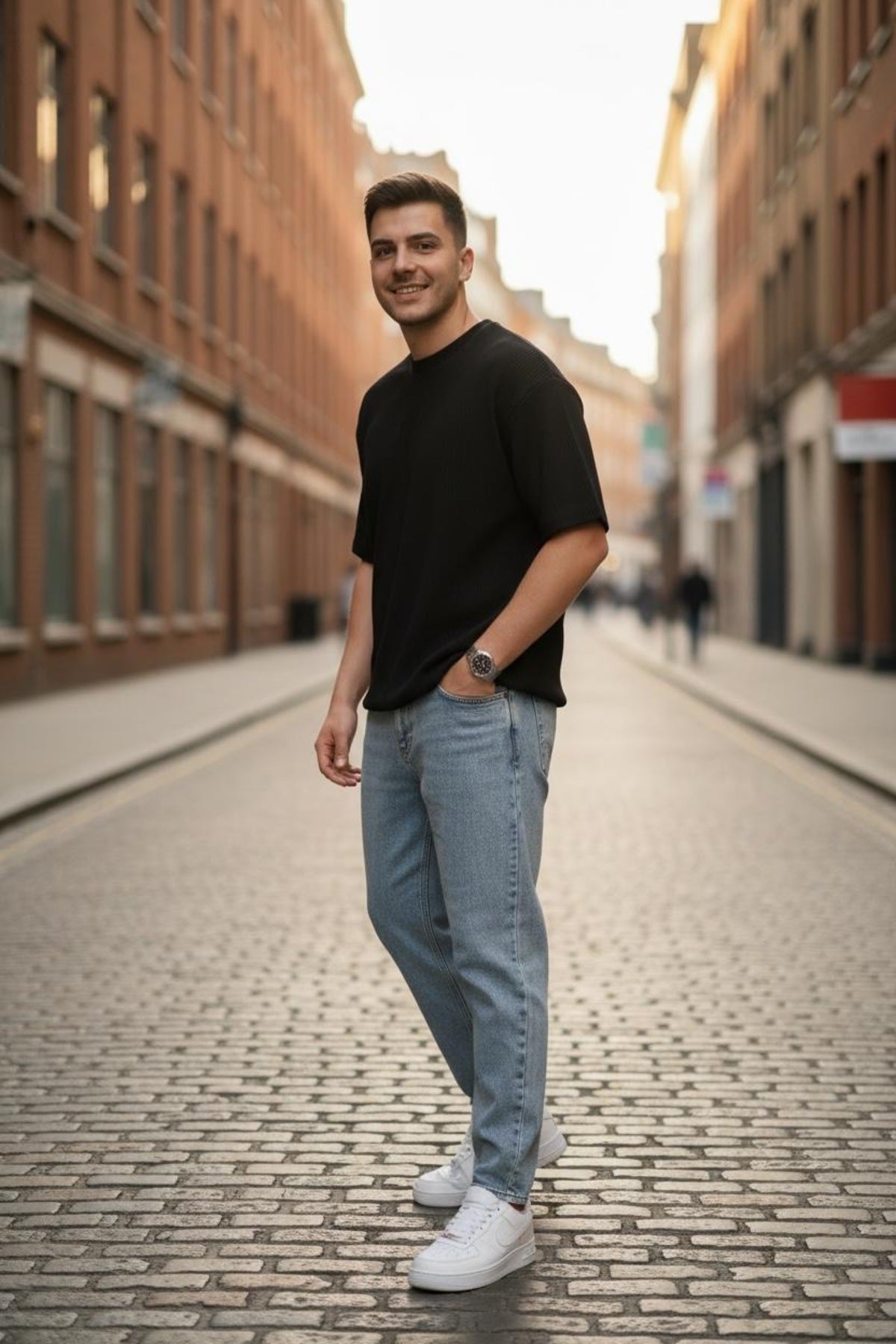 Erkek Açık Mavi Boyfriend Jean Pantolon Rahat Kalıp Streetwear Denim Pantolon