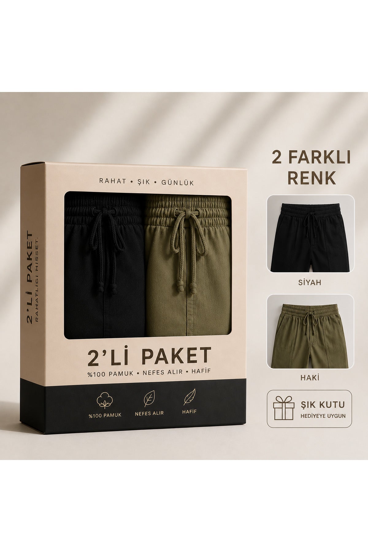 Erkek %100 Pamuk Siyah Haki 2’li Pantolon Paketi – Lastikli Bel Bağcıklı Rahat Günlük Pantolon