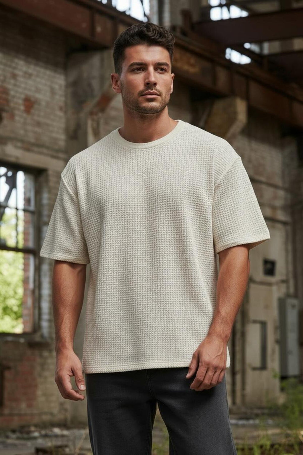 Erkek Lacivert Waffle Kumaş Oversize Tişört Bisiklet Yaka Modern Rahat Kalıp