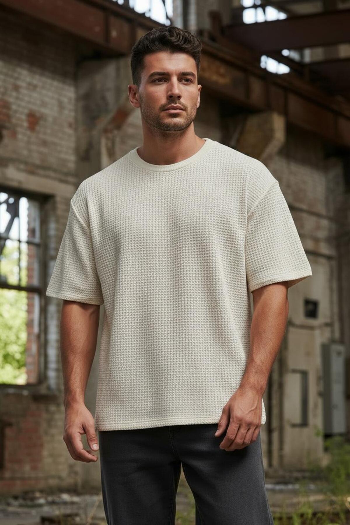 Erkek Lacivert Waffle Kumaş Oversize Tişört Bisiklet Yaka Modern Rahat Kalıp