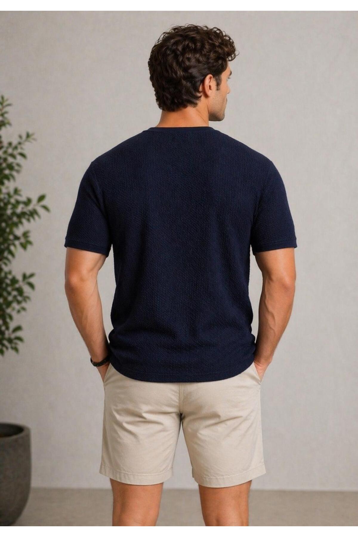 Erkek Lacivert Waffle Kumaş Oversize Tişört Bisiklet Yaka Modern Rahat Kalıp