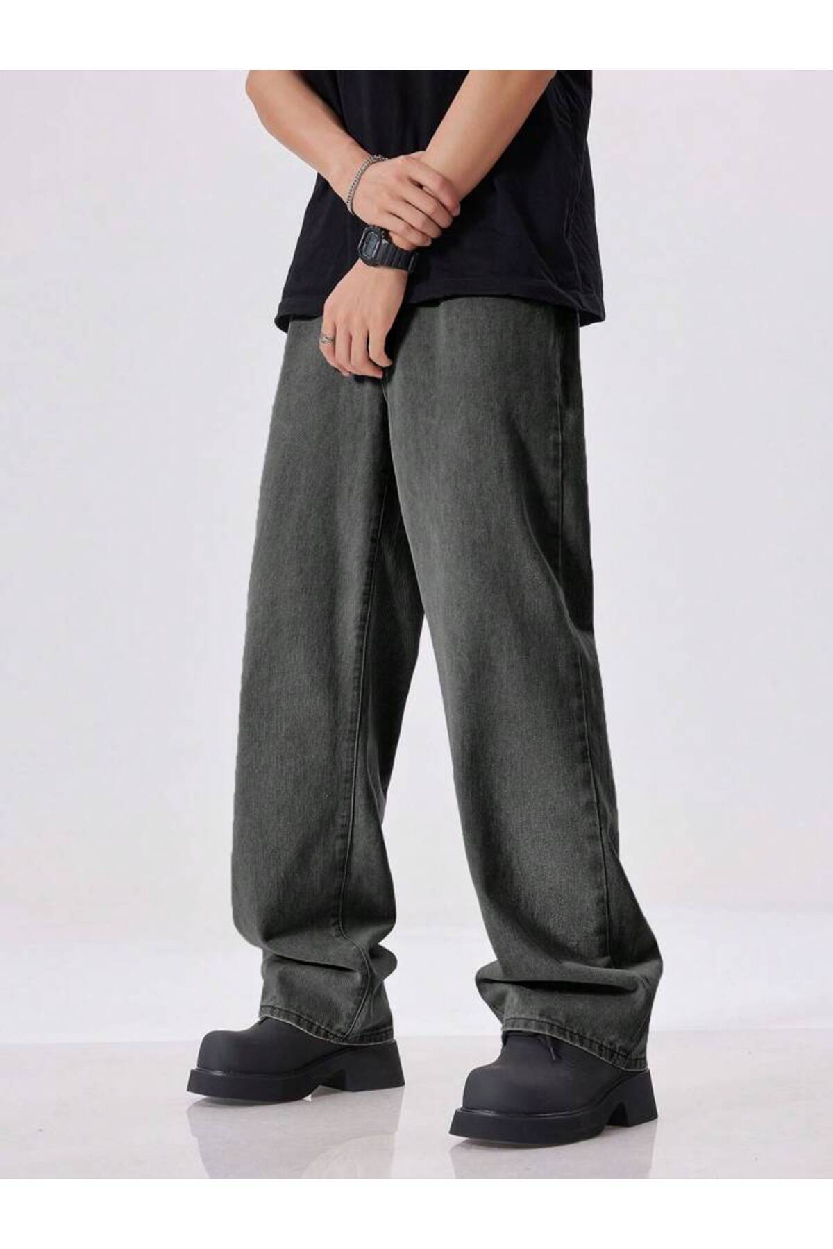 Erkek Oversize Baggy Jean Pantolon Vintage Yıkamalı Geniş Paça Streetwear Denim